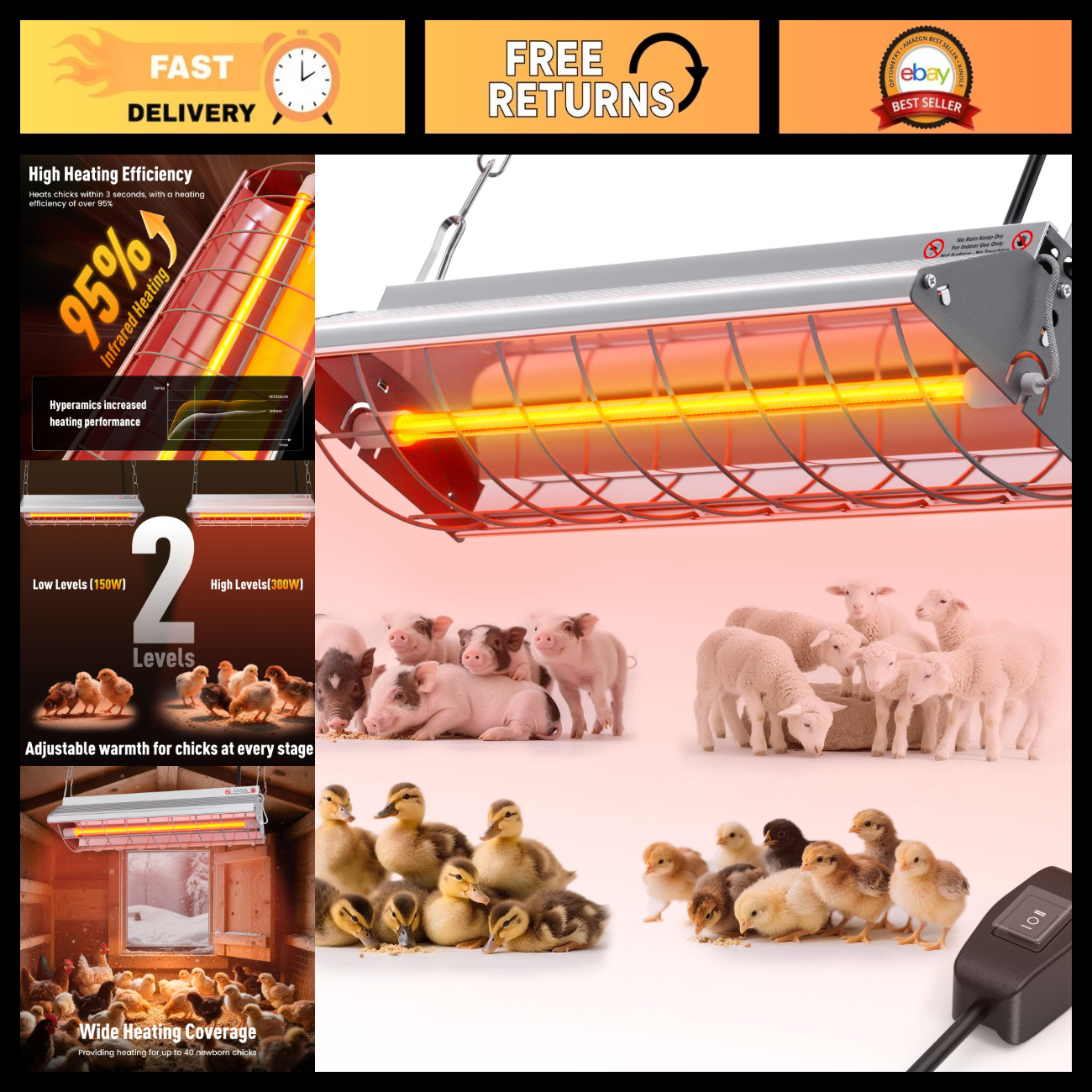 Chicken Coop Heater, Large Infrared Heat Lamp for Poultry, Livestock & Pets, Saf