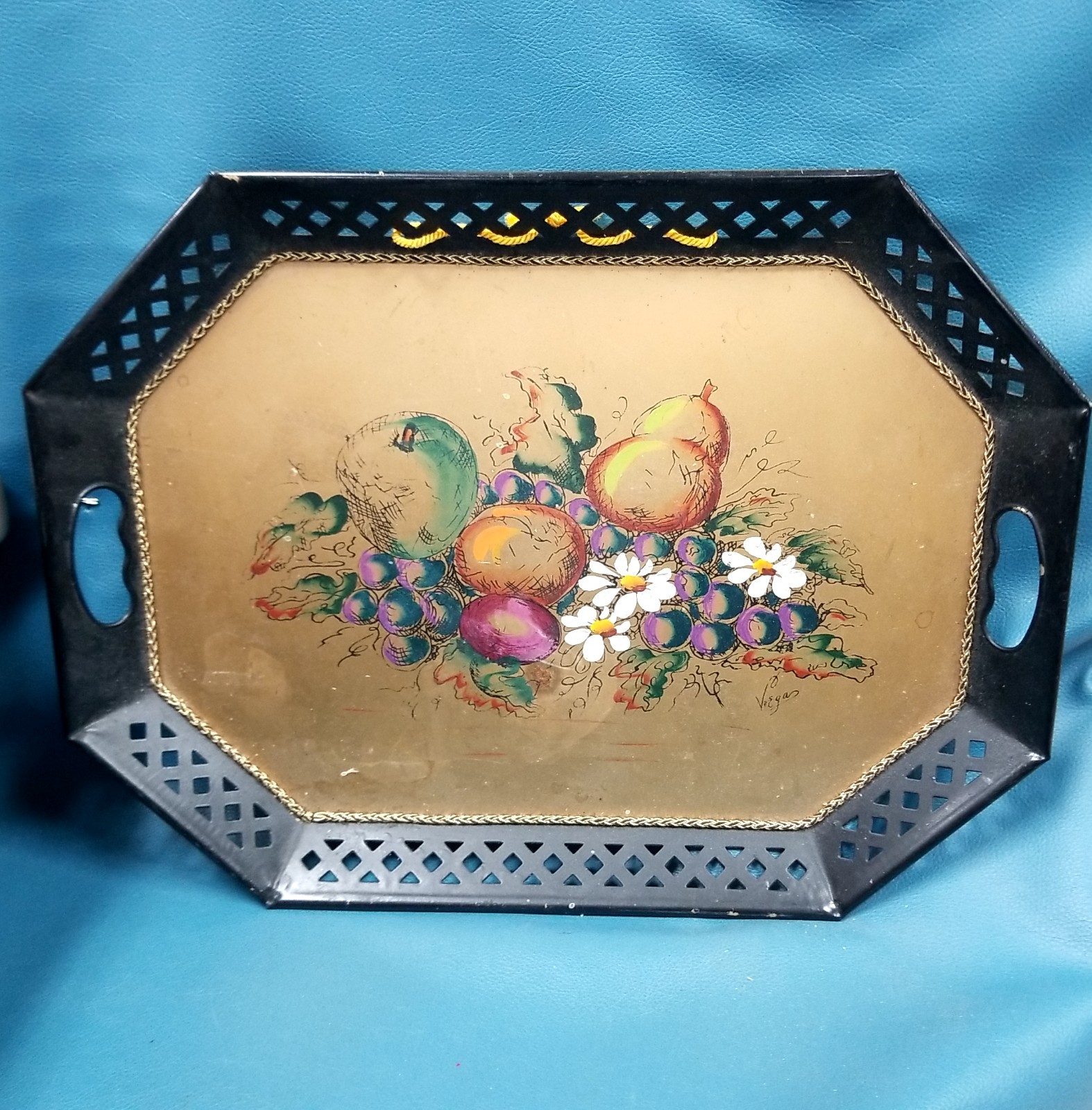 VTG Hand Painted Fruit + Floral Toleware Metal Serving Tray 20x15\