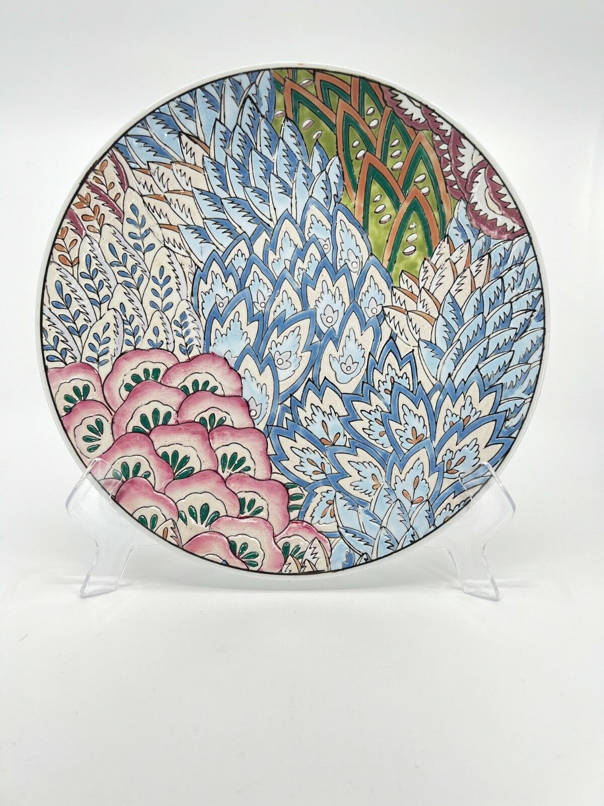 Chinese Decorative Plate with lotus flower and flame stitch look
