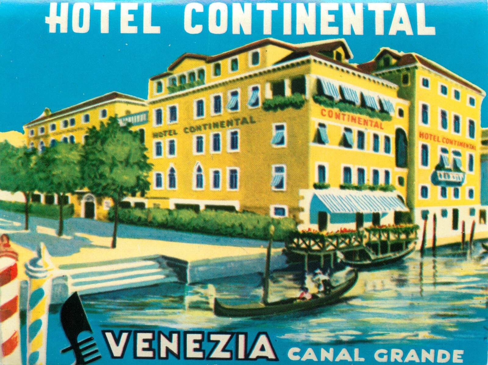 Hotel Continental ~VENEZIA - ITALY~ Fabulous / Artistic Old Luggage Label, 1950