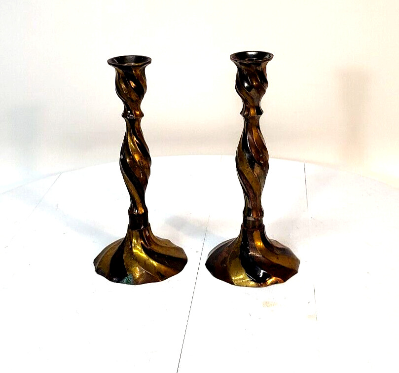 Pair of Solid Brass Twisted Candlestick Holders Commodore 7.25\