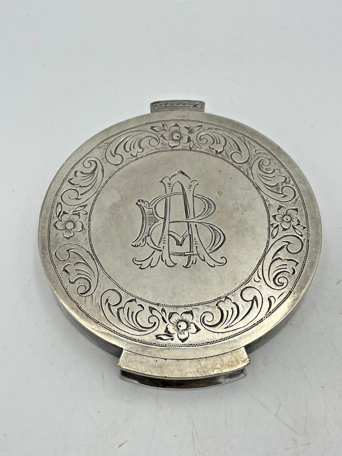 Amazing VTG Old Large Silver Plated  Engraved Makeup Compact Powder Mirror
