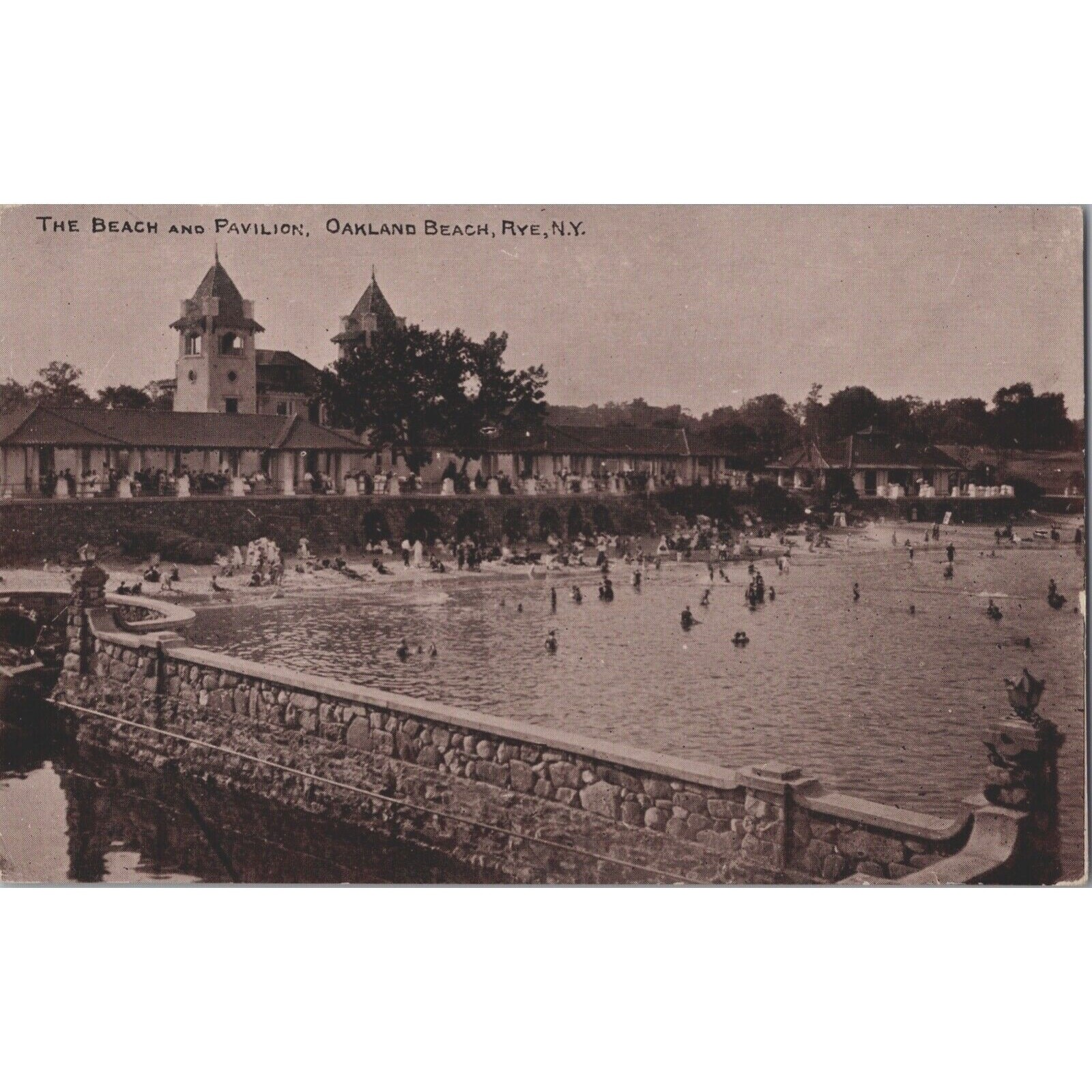 Vintage Postcard Oakland Beach Rye New York The Beach and Pavilion Swimmers