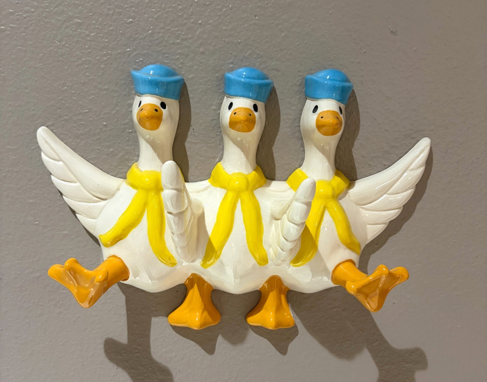 Vintage Ceramic White Sailor Ducks Wall Hook Rack Mid Century Japan Style Kitsch
