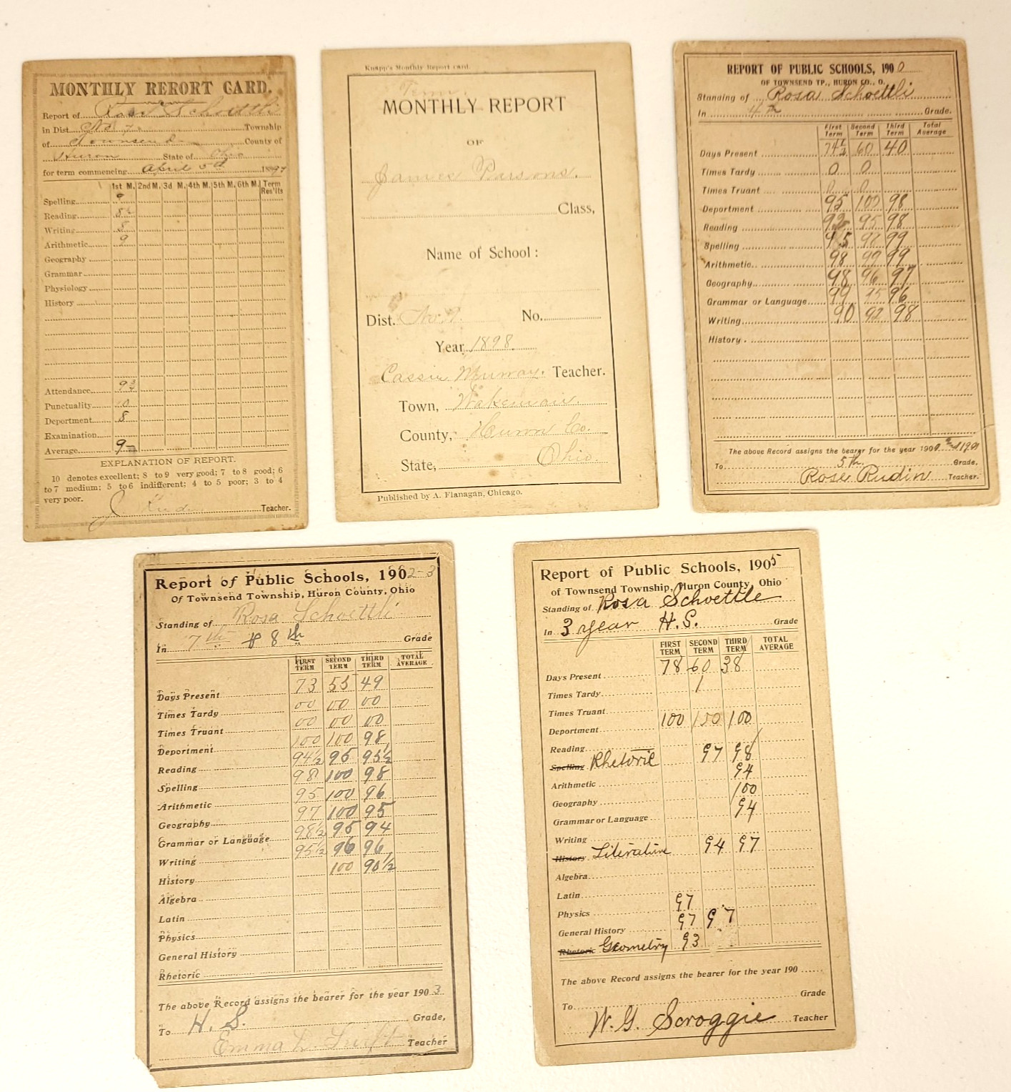 Vintage School Report Cards Huron County Ohio 1897-1905  Lot of 5