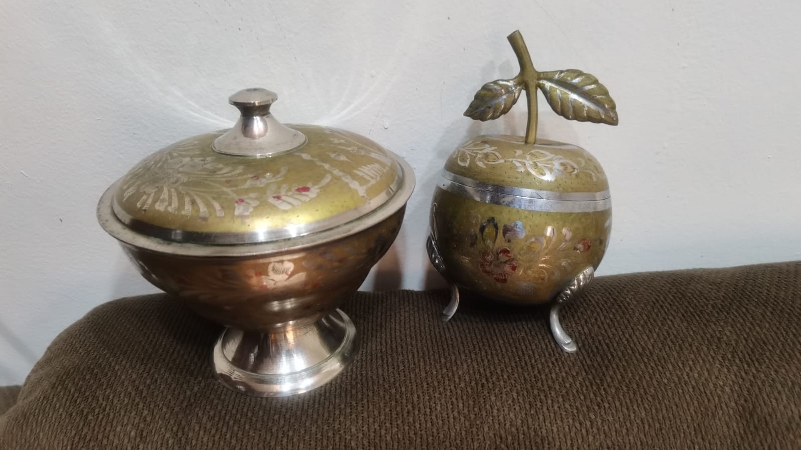 Vintage Handcrafted Heavy Brass Vessels Set 2-Piece Etched Floral Bowl & Apple 