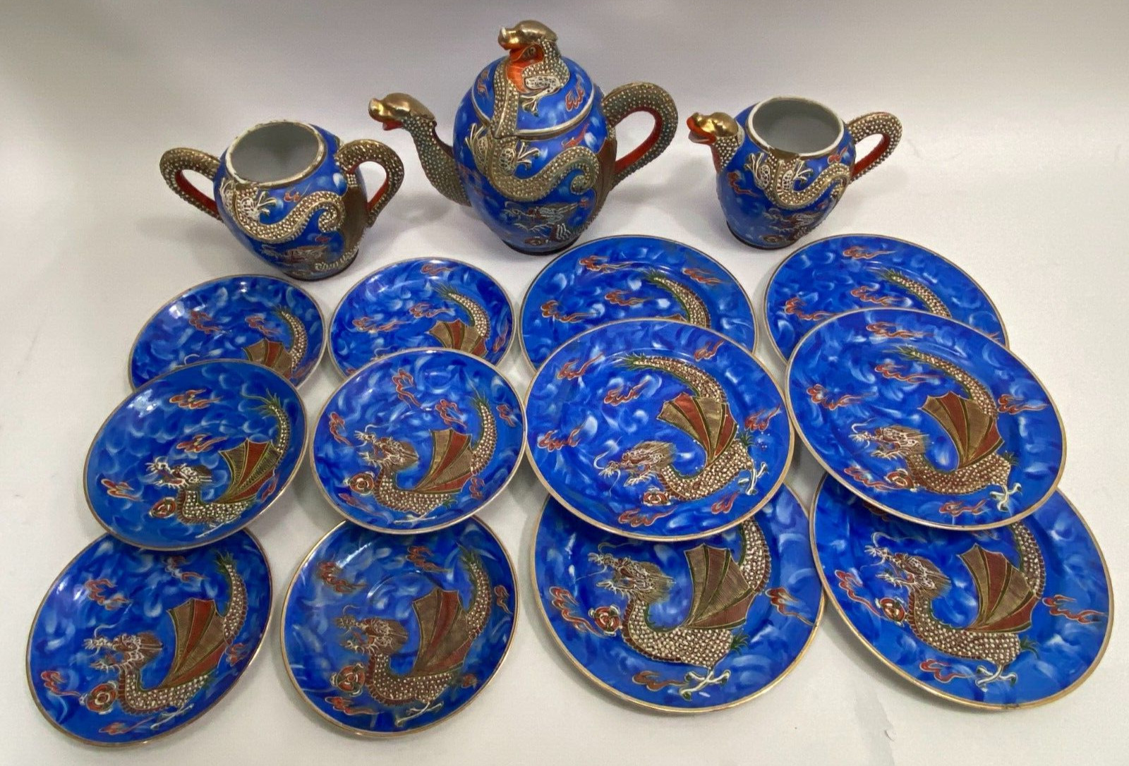 Incomplete Vintage Handmade Porcelain Dragon Teapot Set Blue Incomplete Vintage Handmade Porcelain Dragon Teapot Set Blue
