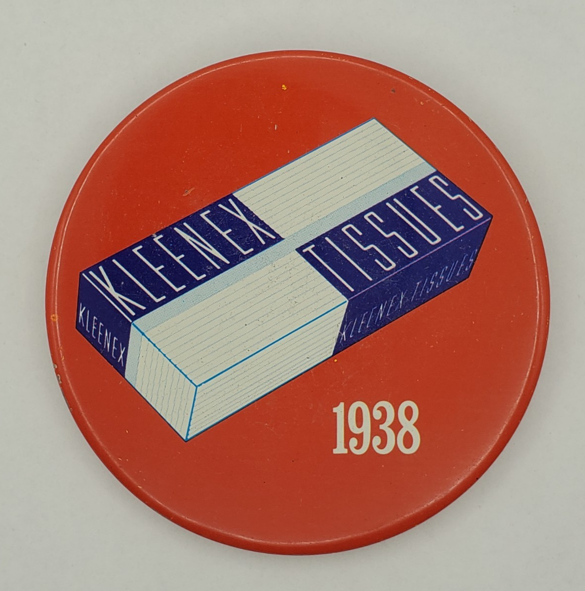 Vintage 1968 Kleenex Tissues 1938 History Advertising Litho Pinback Button