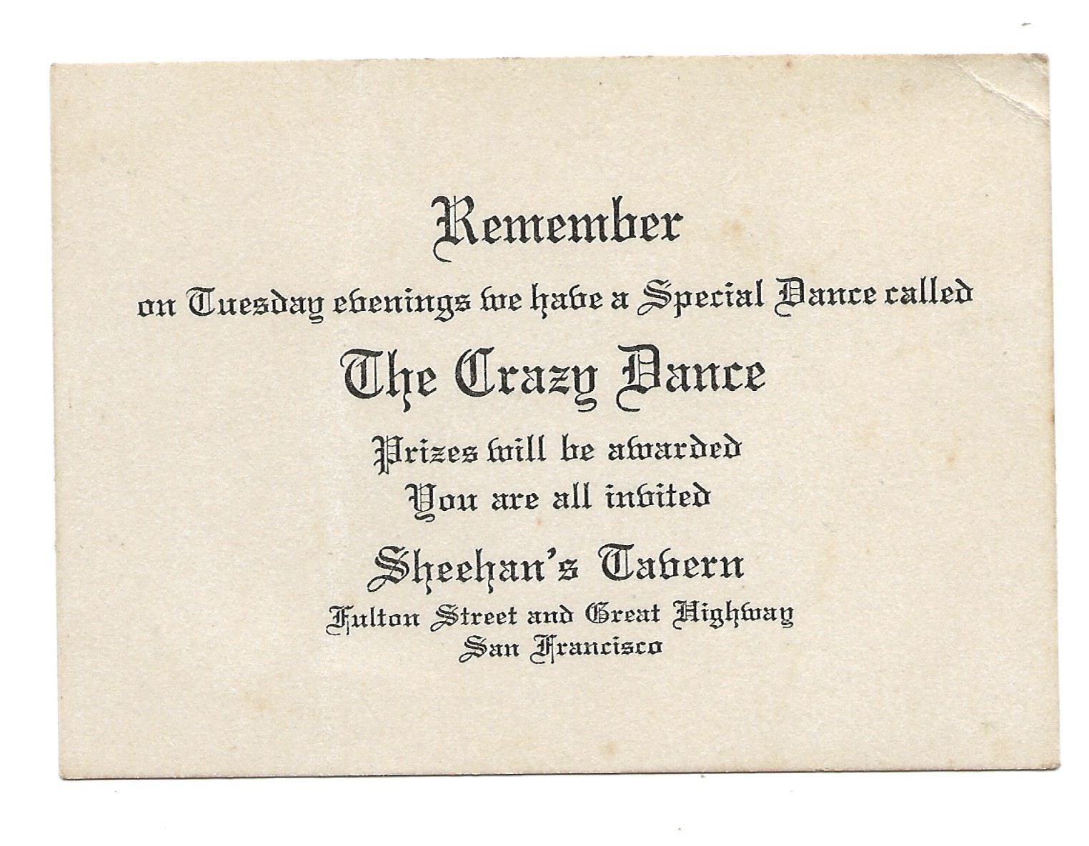 c. 1910s SAN FRANCISCO CA - Sheehan\'s Tavern Card - The Crazy Dance -Ocean Beach
