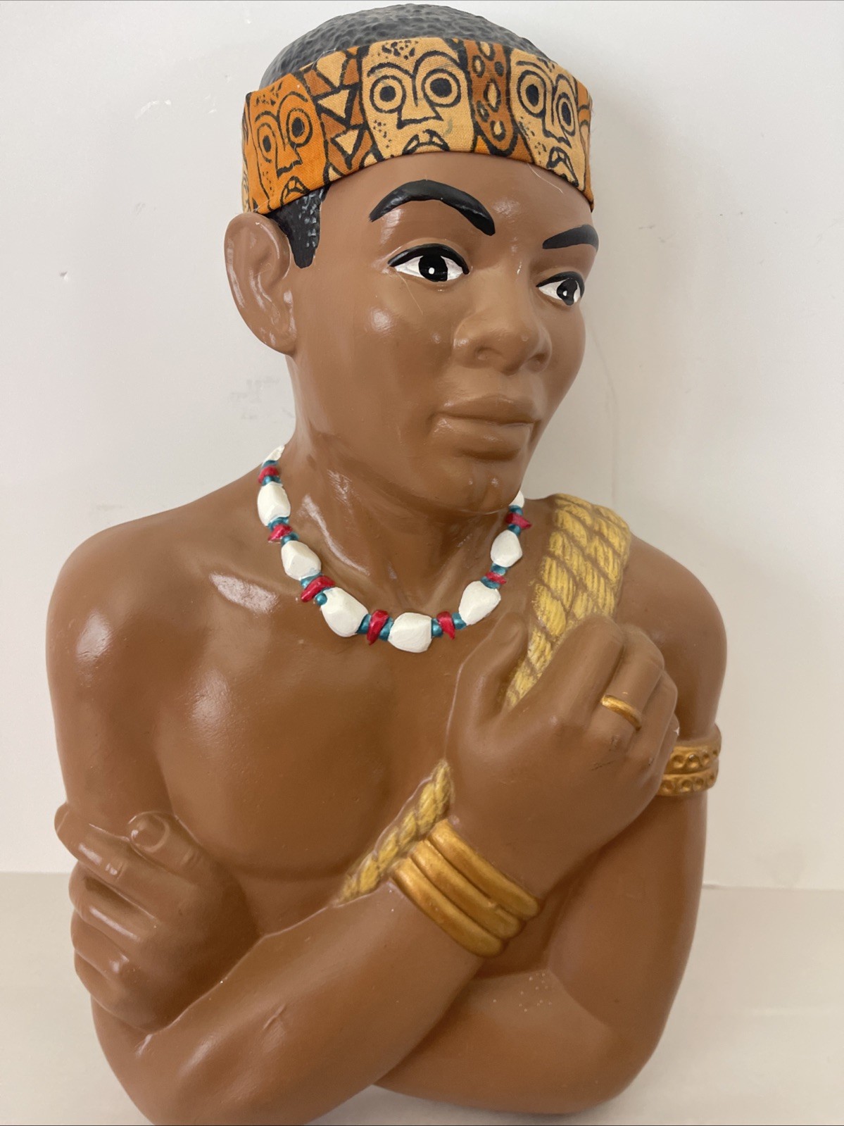 Polynesian Man Wall Sculpture Hand-Painted Plaster Chalk Vintage 14x8.5x2.5”