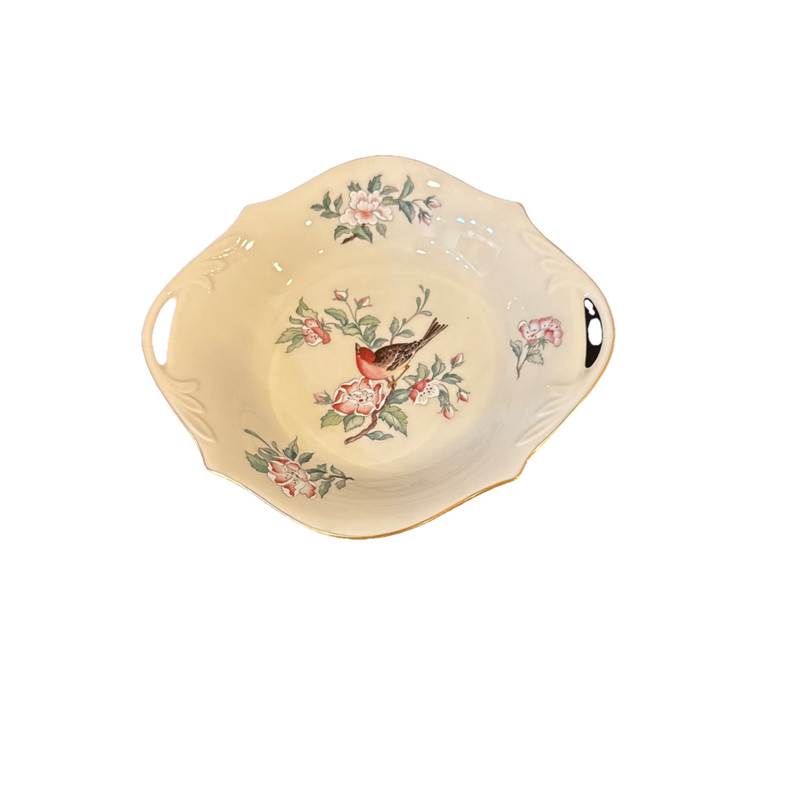 Lenox Serenade Open Candy Dish 6131128 Made In USA Open Handles Birds Flowers