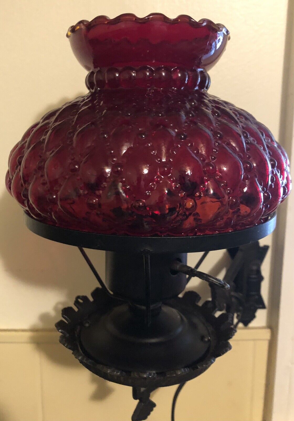 2 Vintage Ruby Red Quilted Diamond Wall Lamps Made In USA