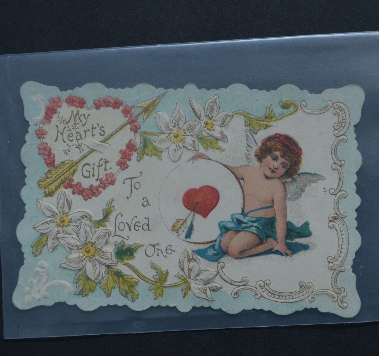 1910 Antique Embossed Die Cut Valentine Card Cupid My Heart\'s Gift