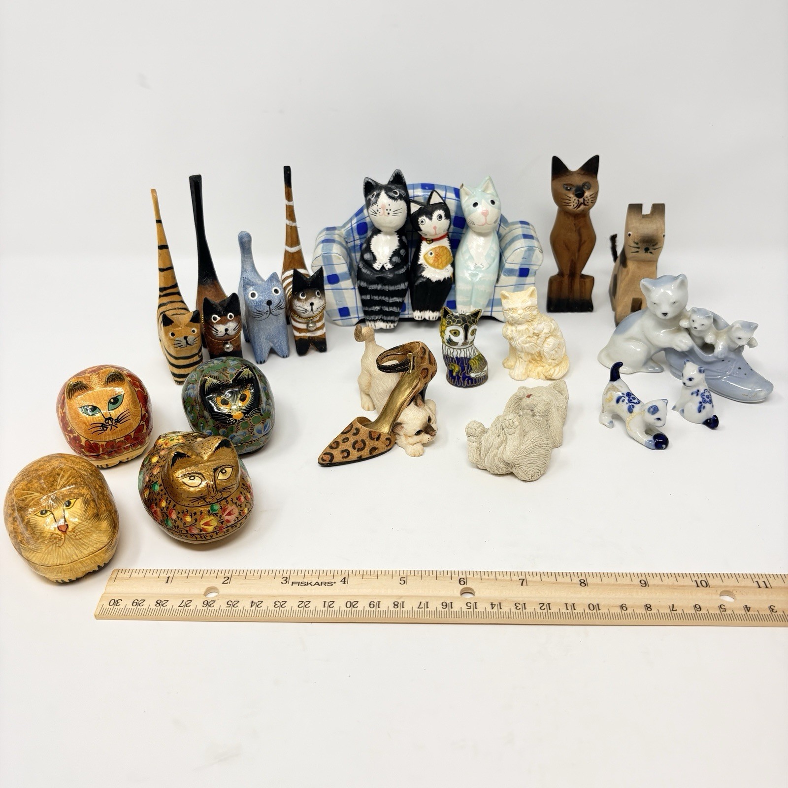 Lot of 18 Vintage Miniature Kitty Cat Resin Wood Porcelain Figurines 1 to 4 in