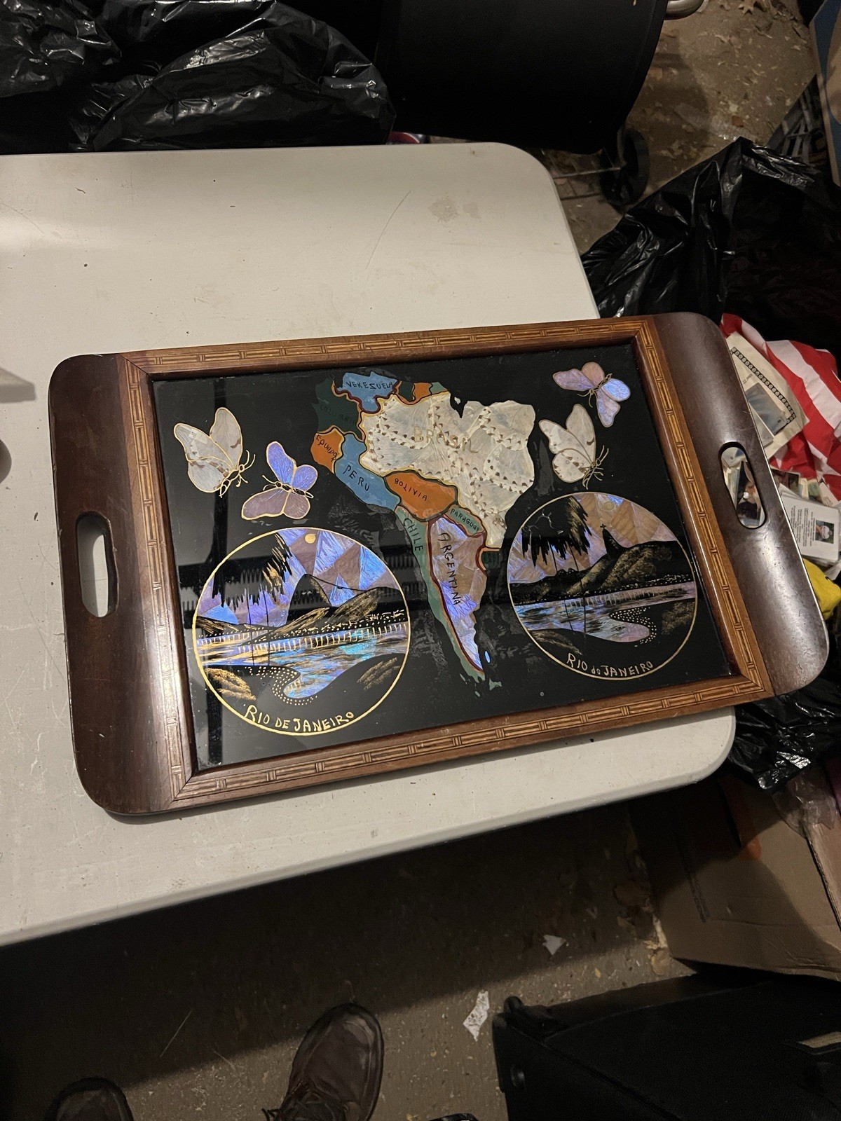 vintage Brazilian butterfly wing serving tray, likely from the mid-20th century vintage Brazilian butterfly wing serving tray, likely from the mid-20th century