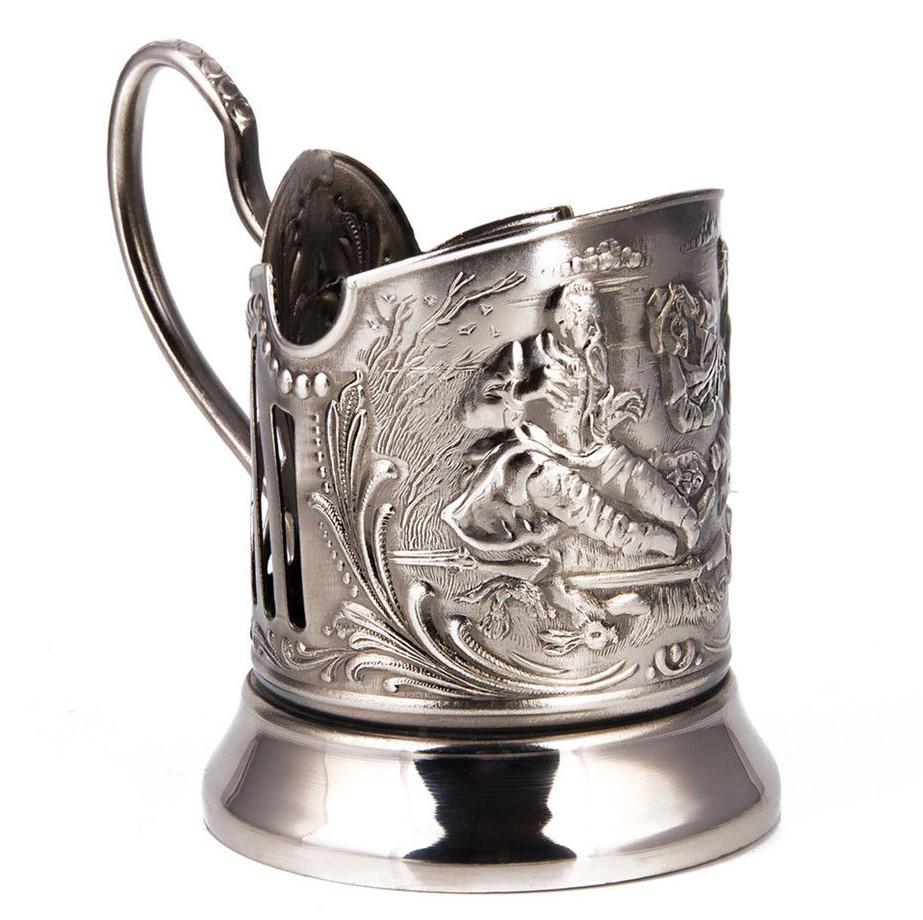 Nickel Plated Tea Glass Holder with Hunters.Russian Podstakannik