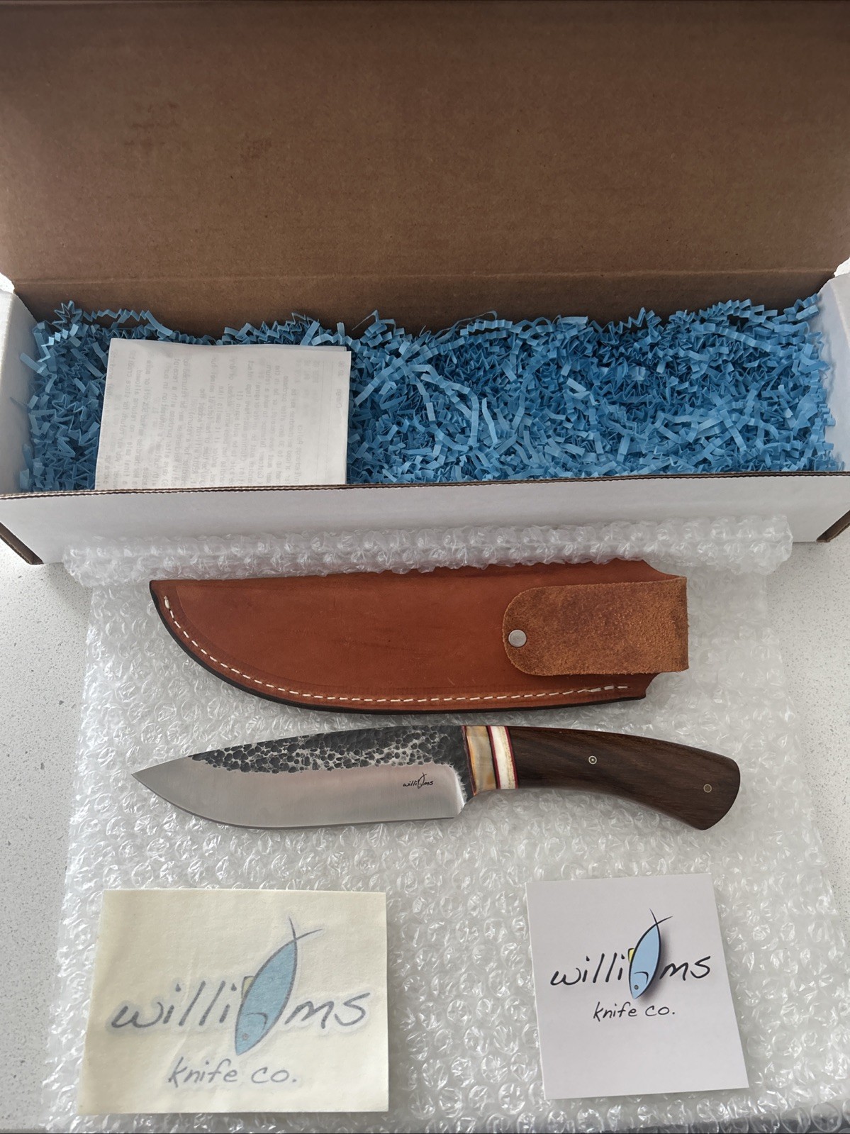 Williams Knife Co. Hand-Forged Hunting Knife, Hammered Blade, Wood Handle+Sheath