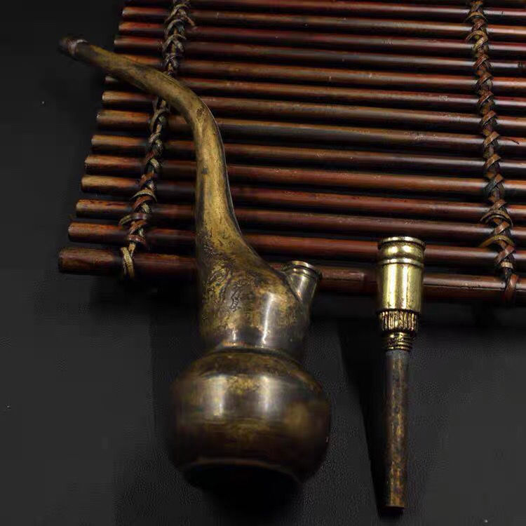 Brass Water Pipe Longevity God Smoking Pipe Chinese Vintage Tobacco Tool