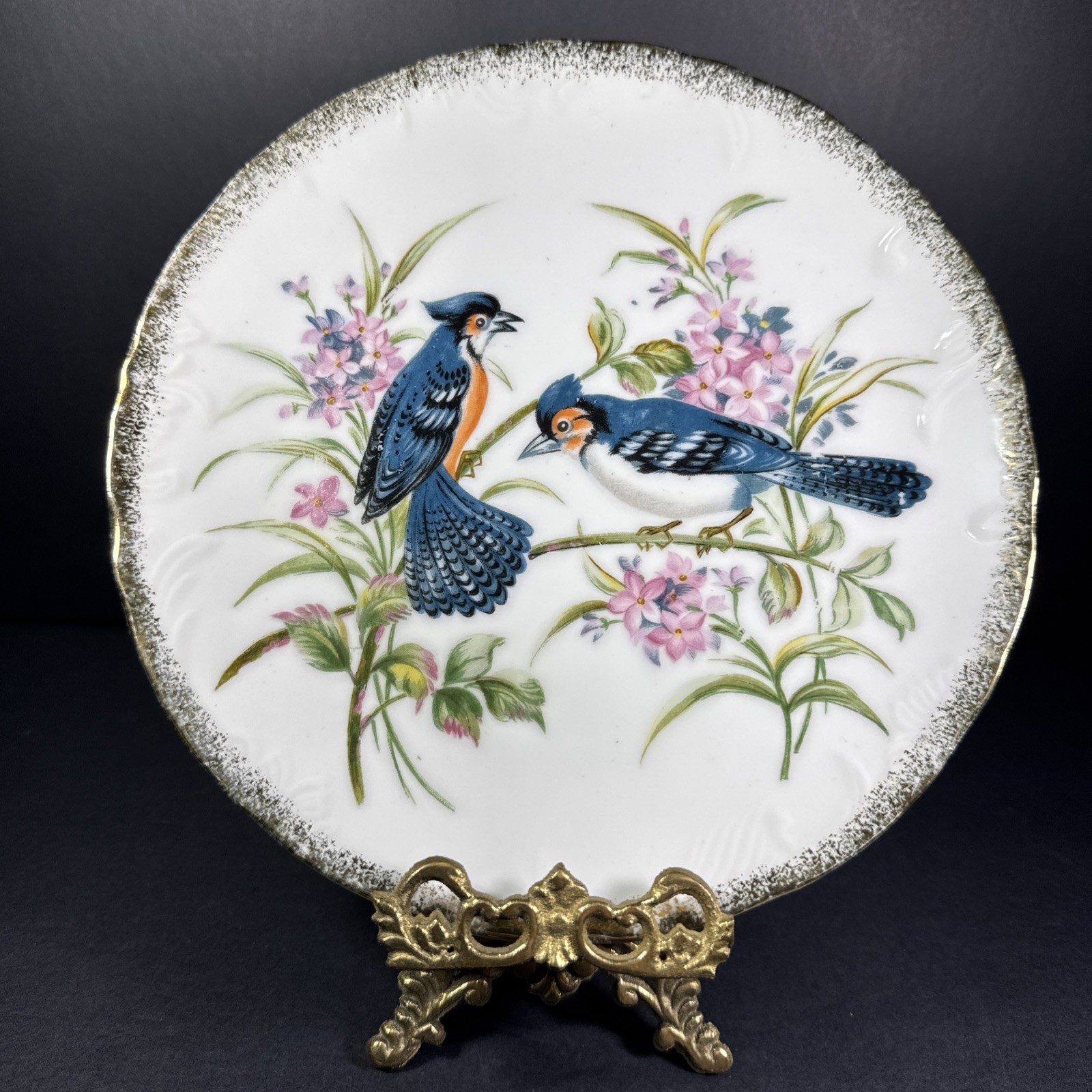 Vintage Norleans Japan Wall Plate Blue Jays Pink Flowers Gold Spray Trim 8.25” Vintage Norleans Japan Wall Plate Blue Jays Pink Flowers Gold Spray Trim 8.25”