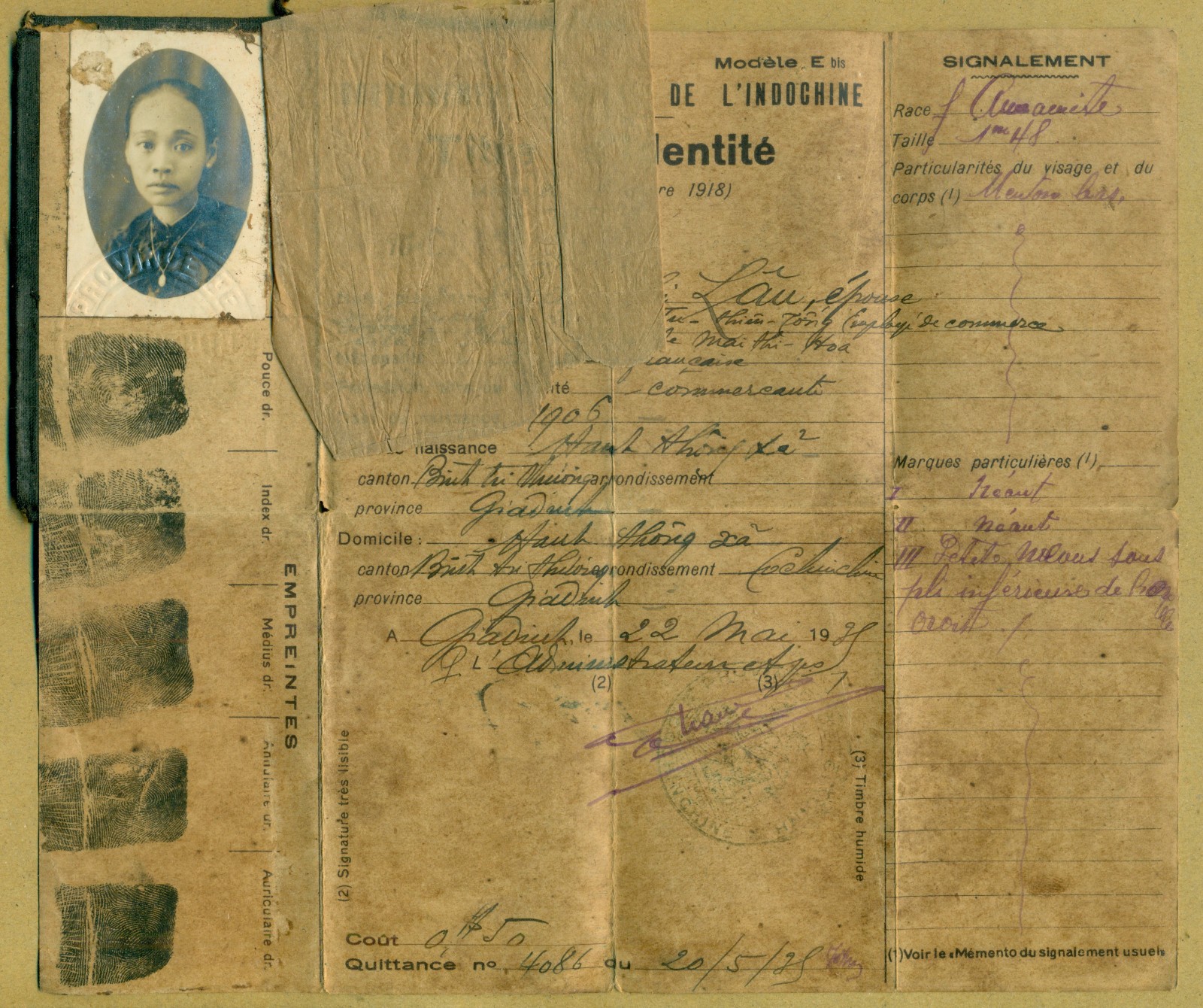 Indochina 1938 Identity Card/Titre d\'Identité at Hạnh Thông Xã Gia Định Province