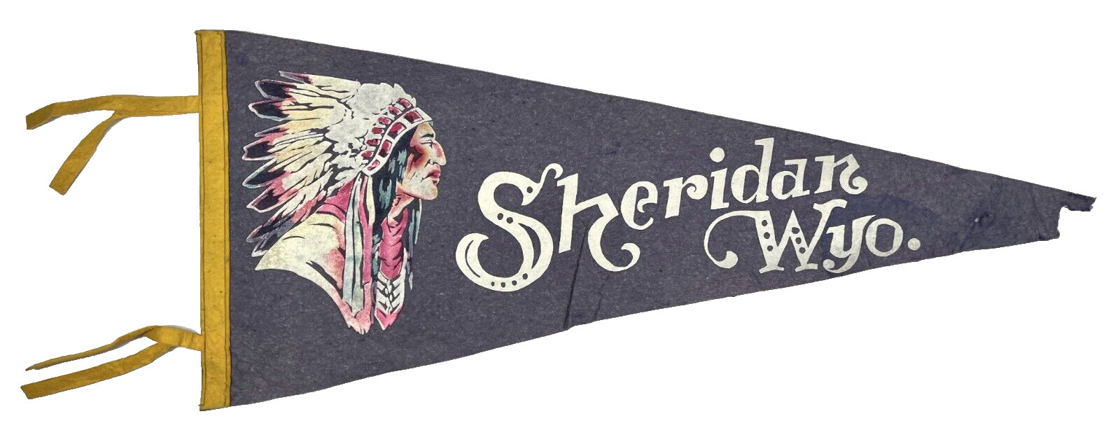 Vintage 1940s 50s Old SHERIDAN WYOMING Indian Chief Blue Felt BIG Pennant - 27\