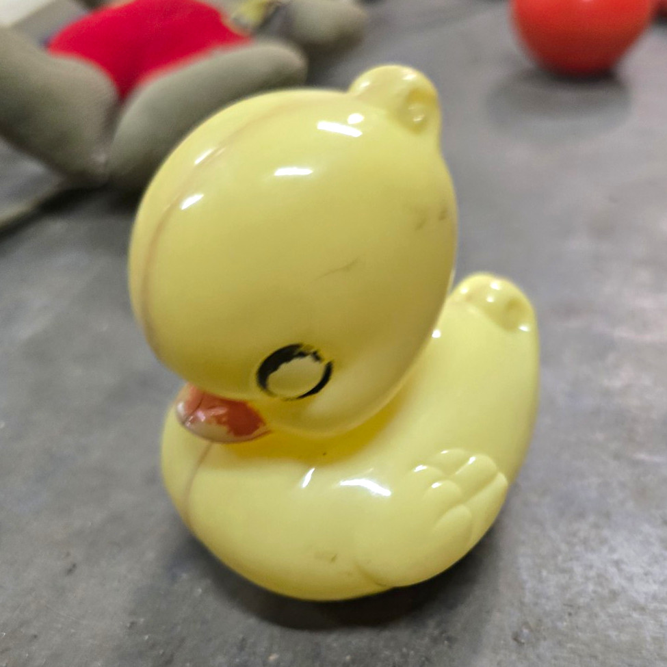 Vintage Yellow Plastic Duck Bird Figurine with Red Bow