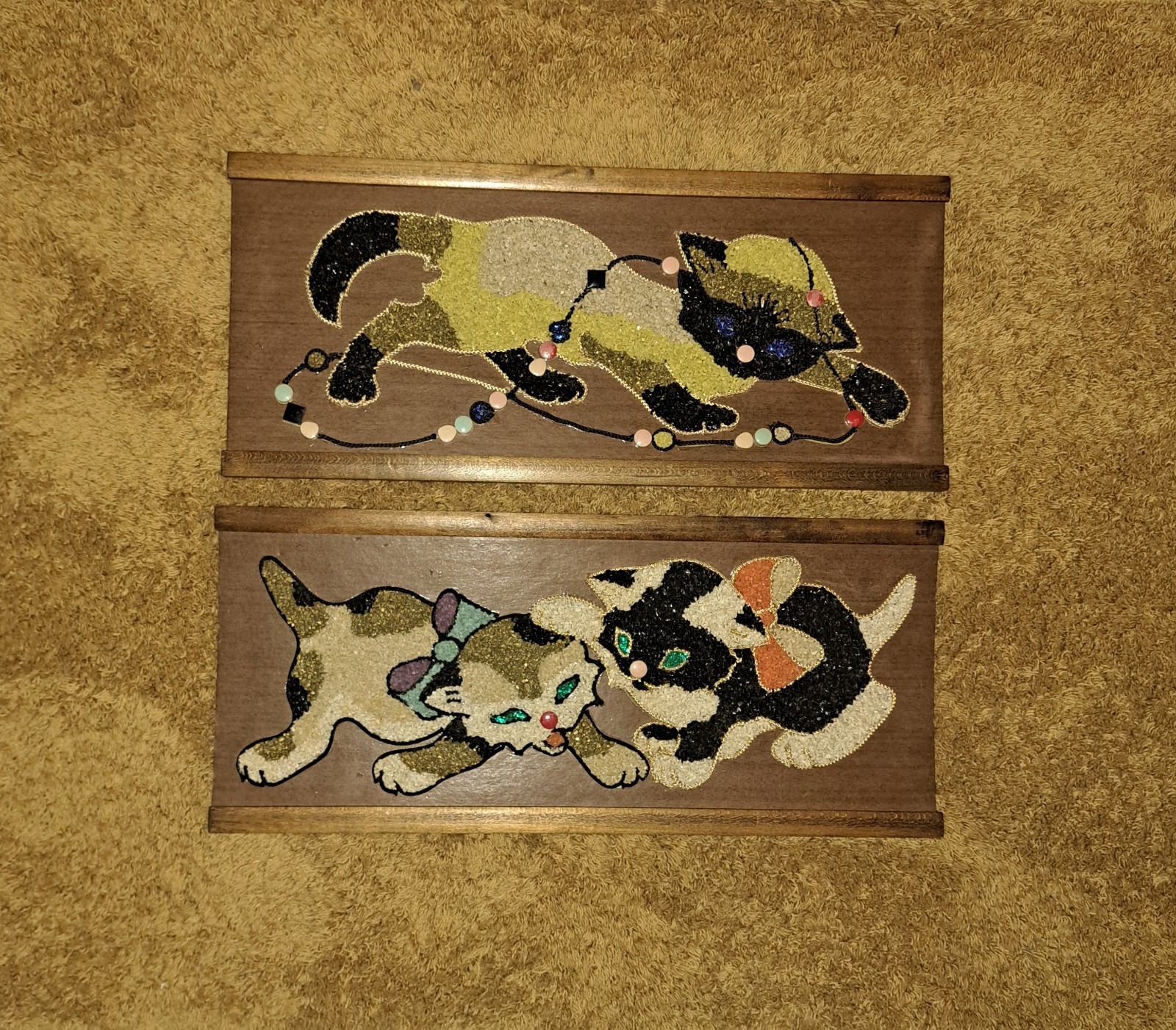 Vtg MCM Gravel Pebble Art Pair Kittens Cats 7.5