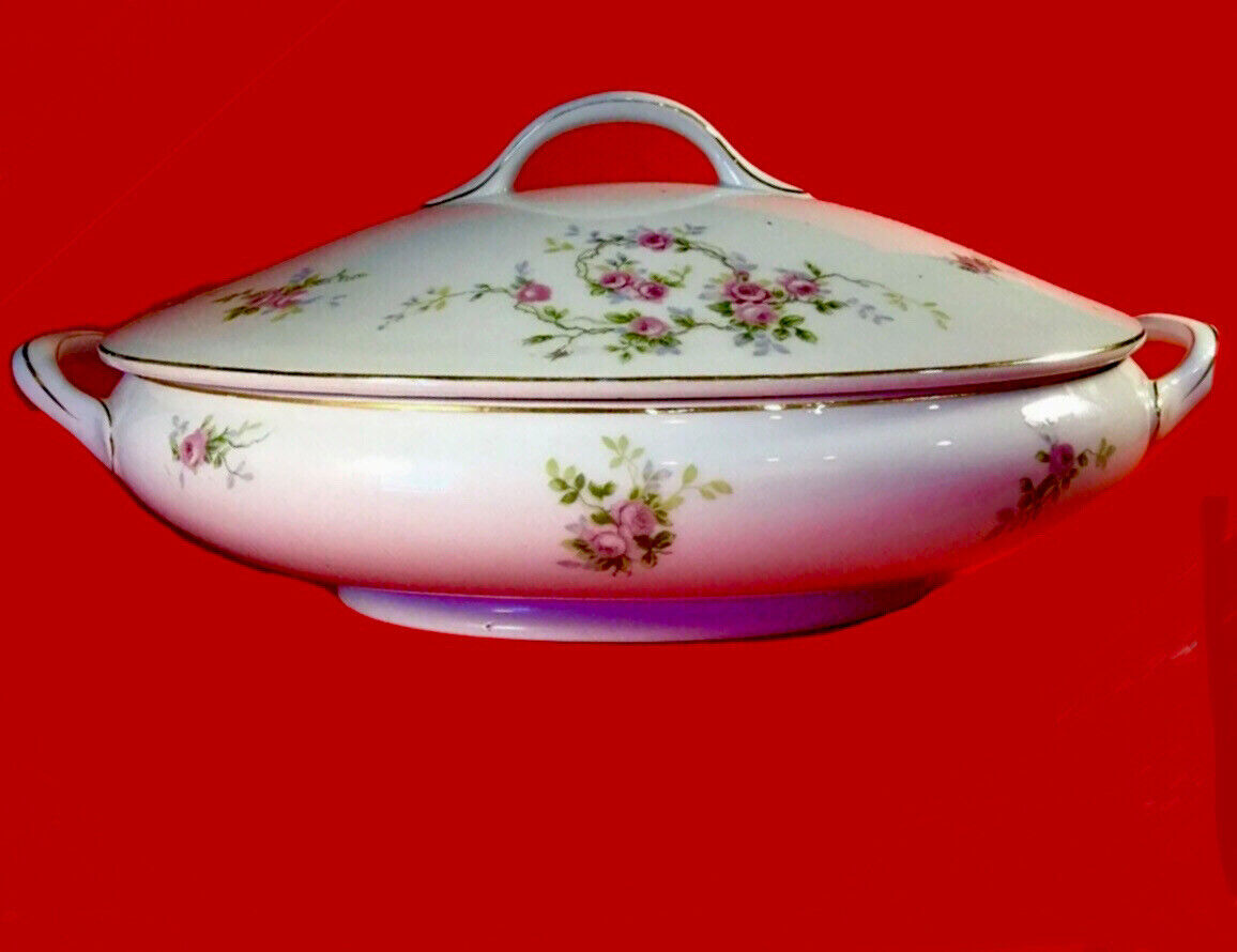 NAGOYA NIPPON TUREEN COVERED DISH PINK ROSES GOLD ACCENTS ANTIQUE 1800'S