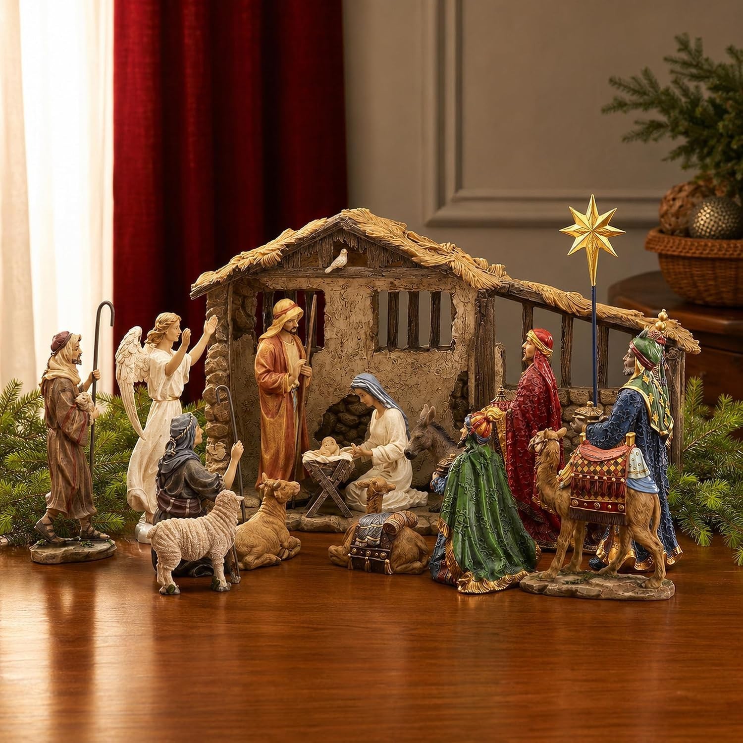 Three Kings Gifts Deluxe Edition 16-Piece Real Gold Nativity Scene Set with Ligh