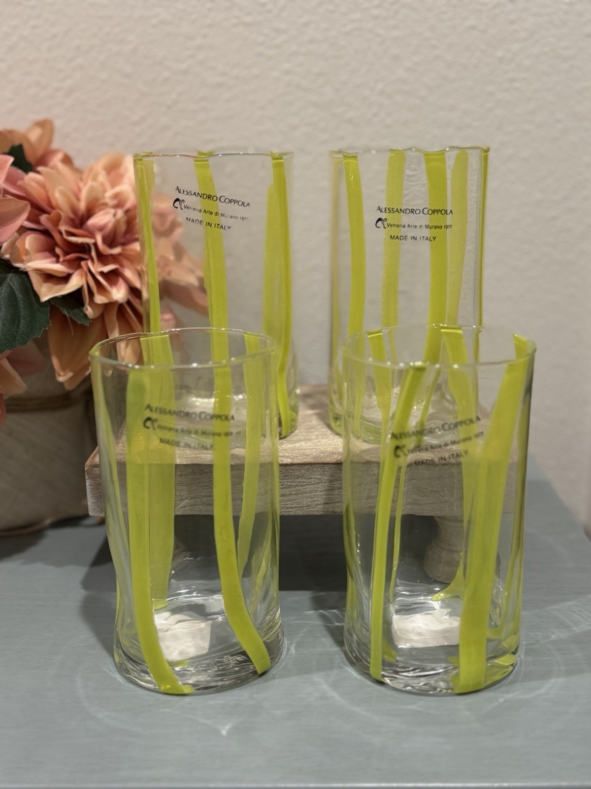 Set of 4 Murano Alessandro Coppola Yellow 5.75” Indented Glasses