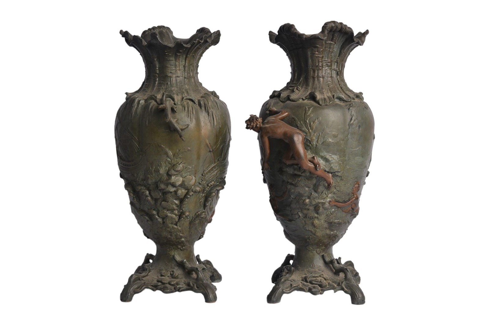 Early 19th Century Antique French Bronze Nude Female Vessel Ship Vase Urns