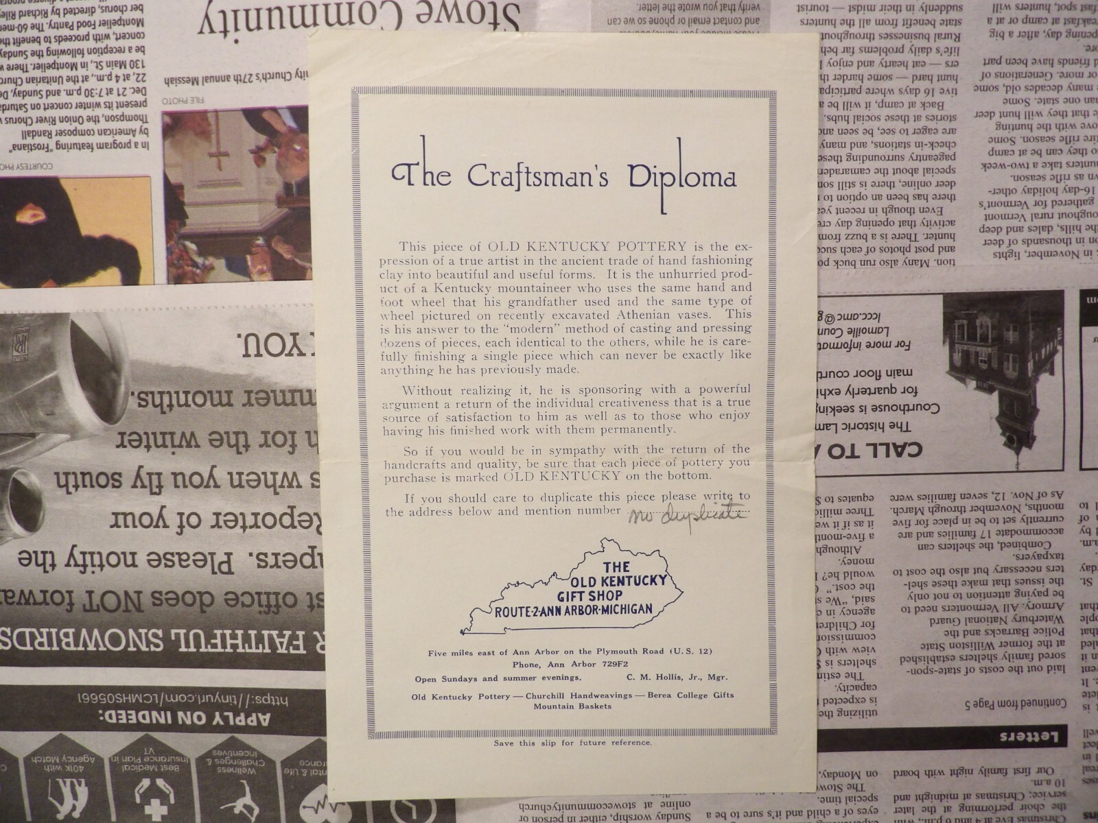The Craftsman\'s Diploma - OLD KENTUCKY POTTERY - Gift Shop Ann Arbor MI 5.5X8.25