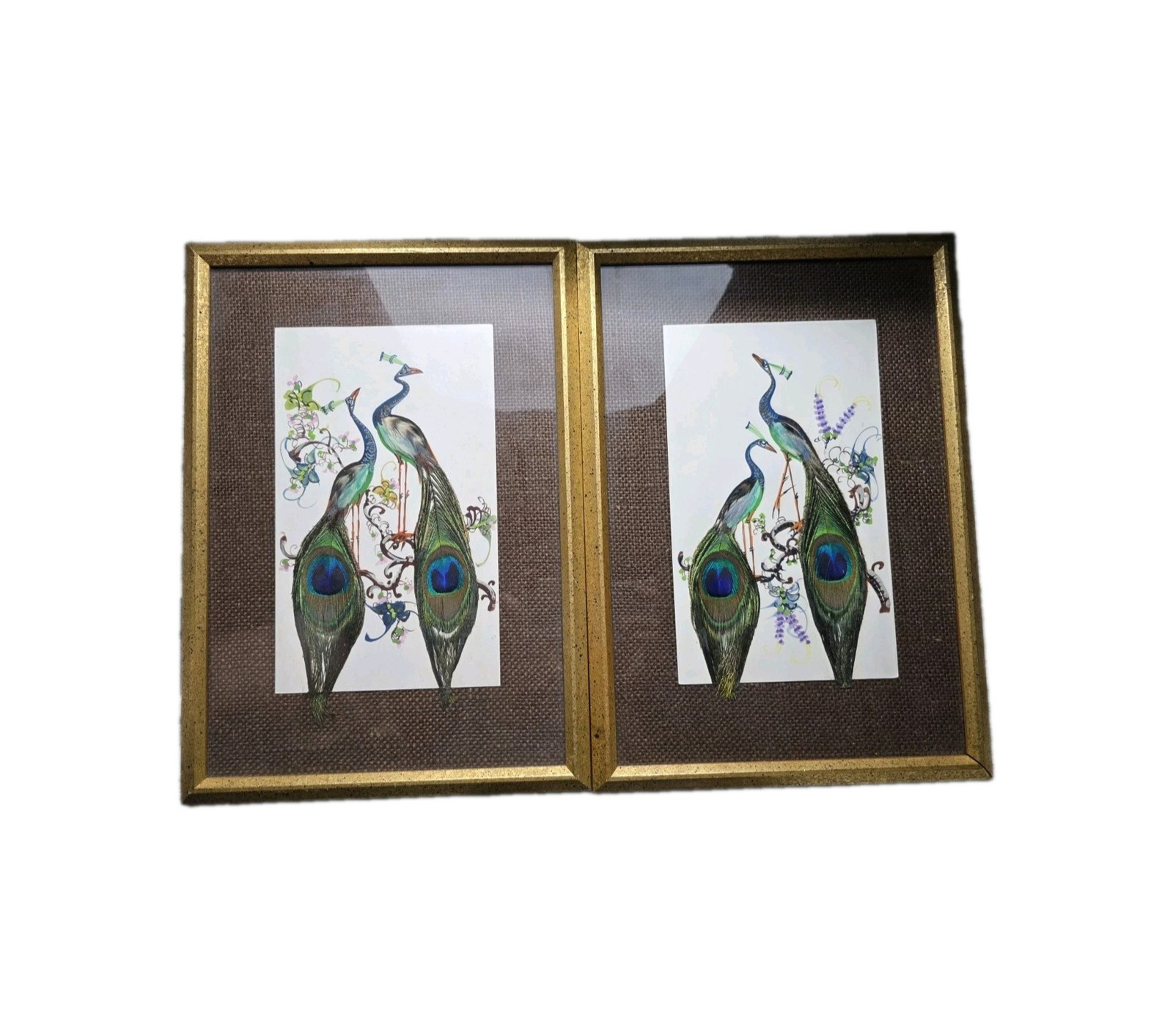 Vintage Peacock Feather Art Pair Gold Frame Wall Decor