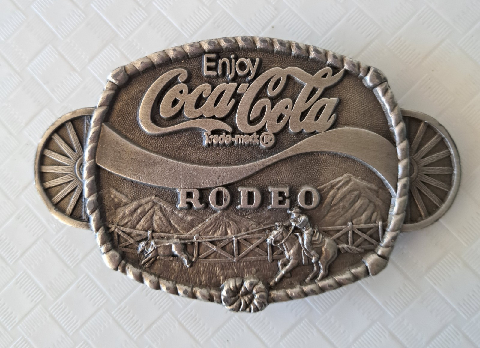 Vtg 1980 Coca Cola Rodeo Pewter Belt Buckle Markatron Inc Western Cowboy Promo