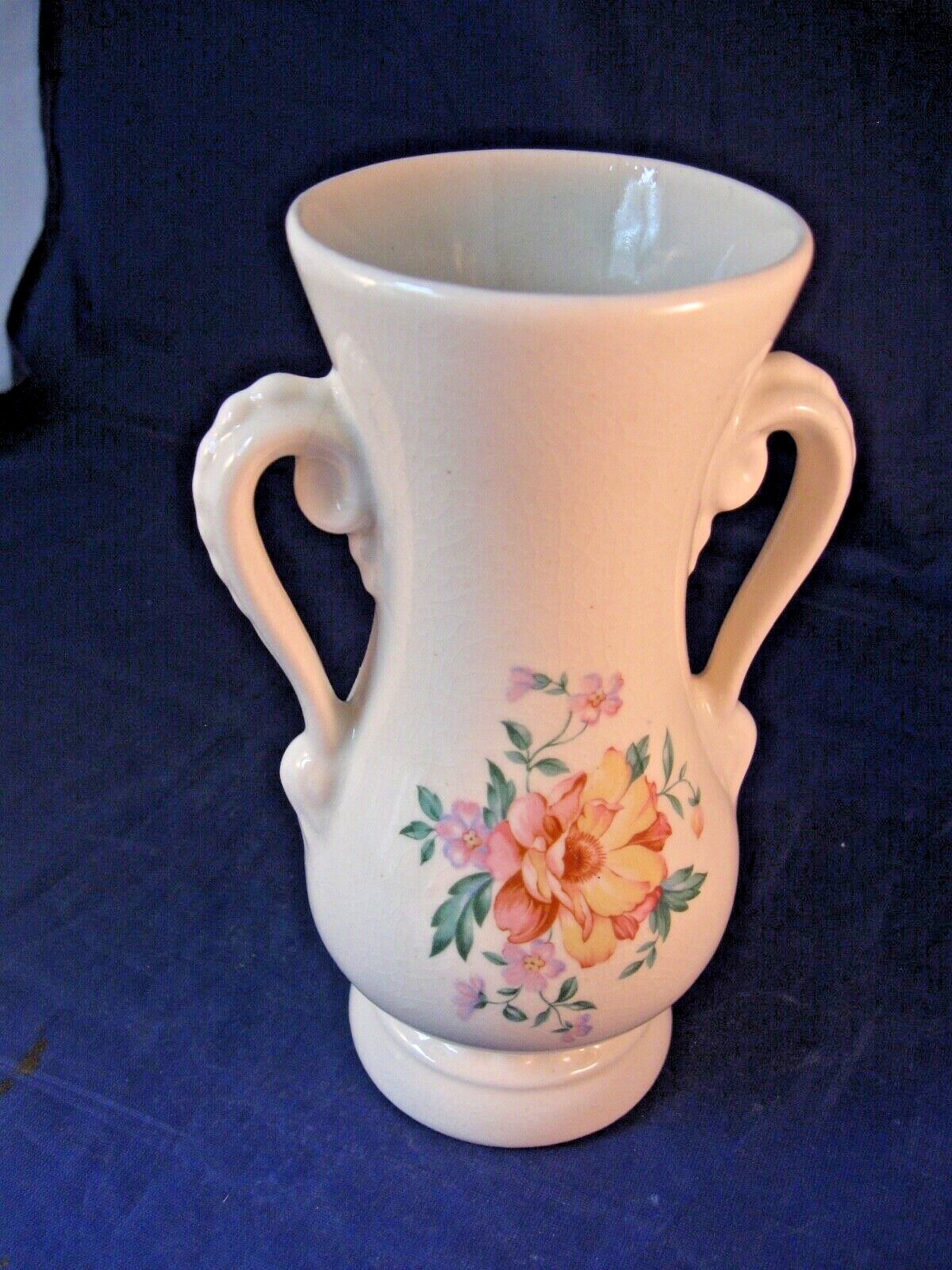 ANTIQUE TWO HANDLED VASE BY ROYAL COPLEY - FLORAL DESIGN