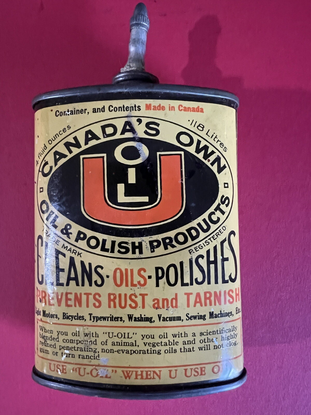 1920-50\'s-(4oz)VERY RARE VINTAGE CANADA\'S OWN U OIL TIN CAN HANDY OILER LEAD TOP