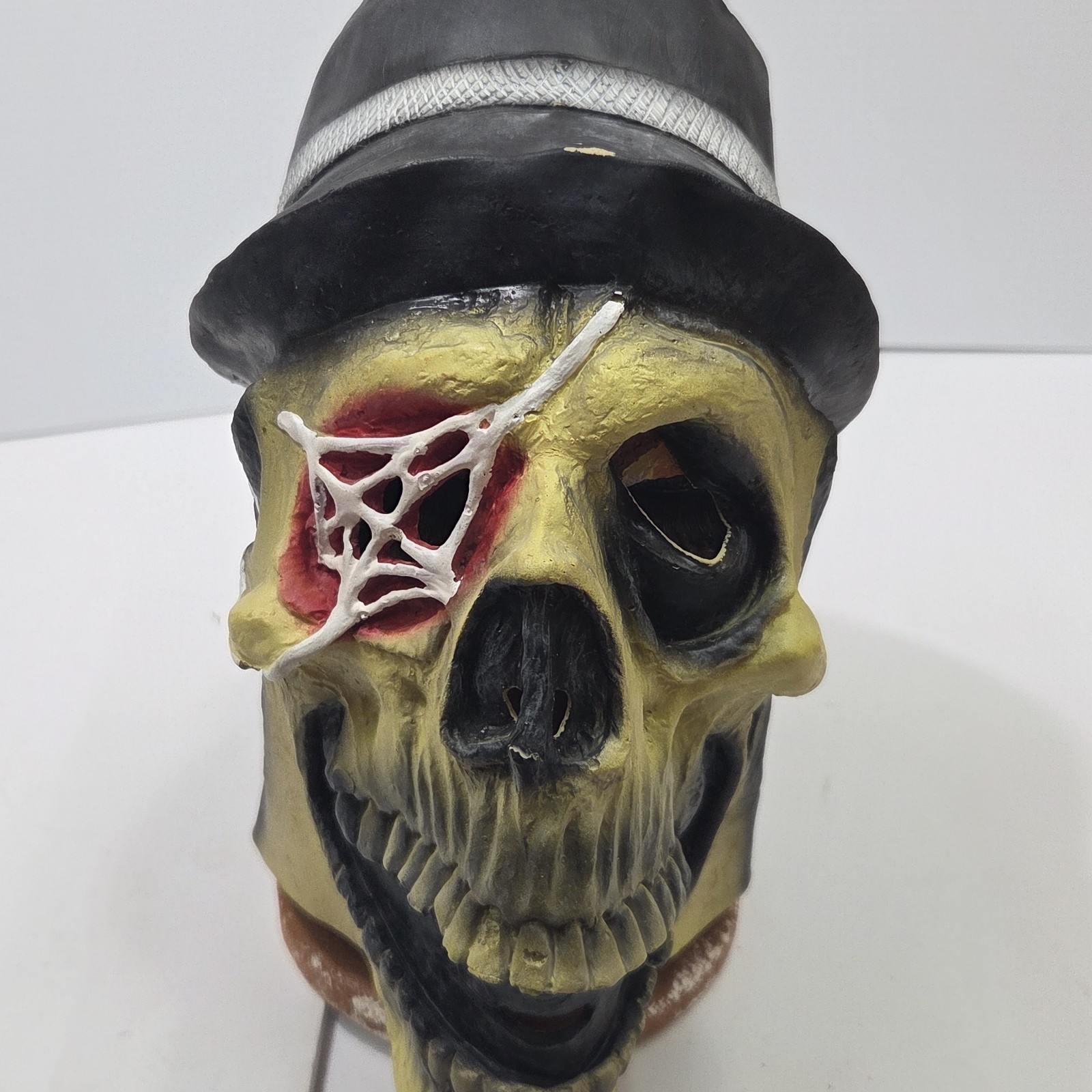 Vintage Skeleton Skull Latex Mask Top Hat Fedora Web Eyepatch Halloween Prop