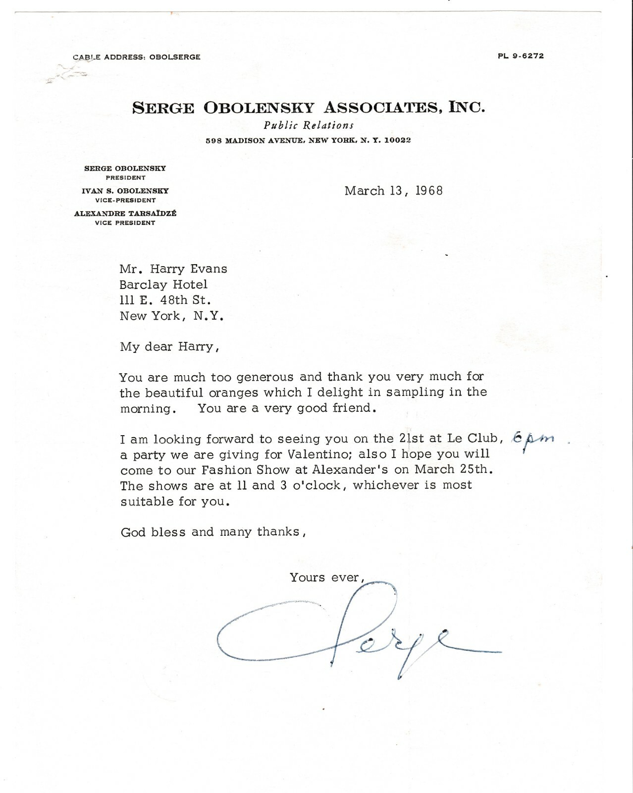 Authenticated Vintage March 13, 1968  Signed Prince Serge Obolensky TLS