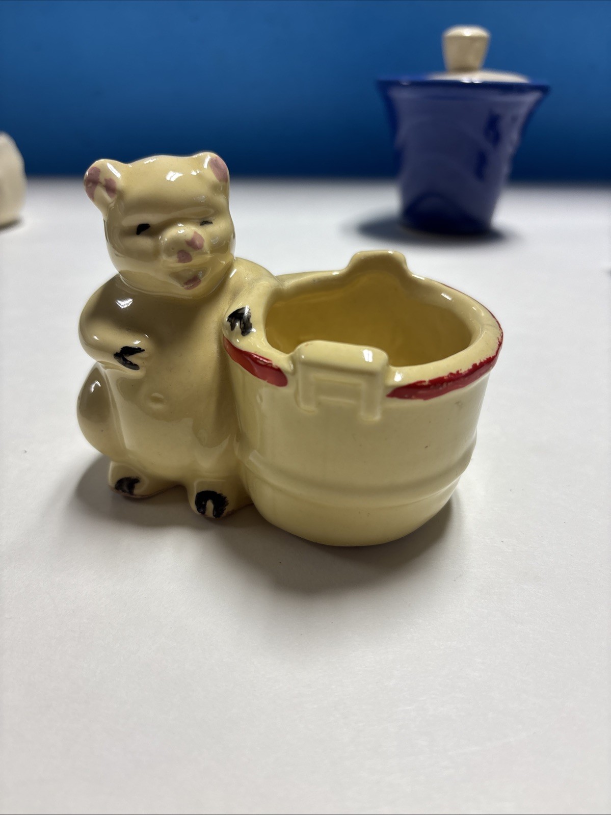 Vintage Yellow Pig Pottery Planter Piggy and Barrel No Chips Good Paint