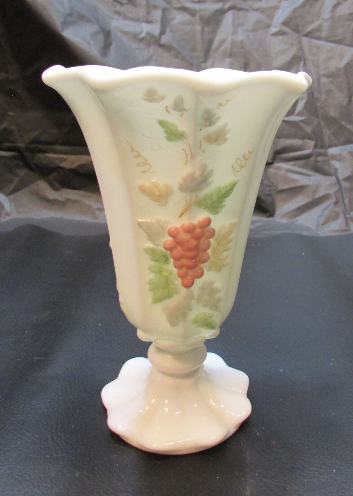Old Westmoreland White Milk Custard Glass Hand Painted Grape Leaf Pedestal Vase Old Westmoreland White Milk Custard Glass Hand Painted Grape Leaf Pedestal Vase