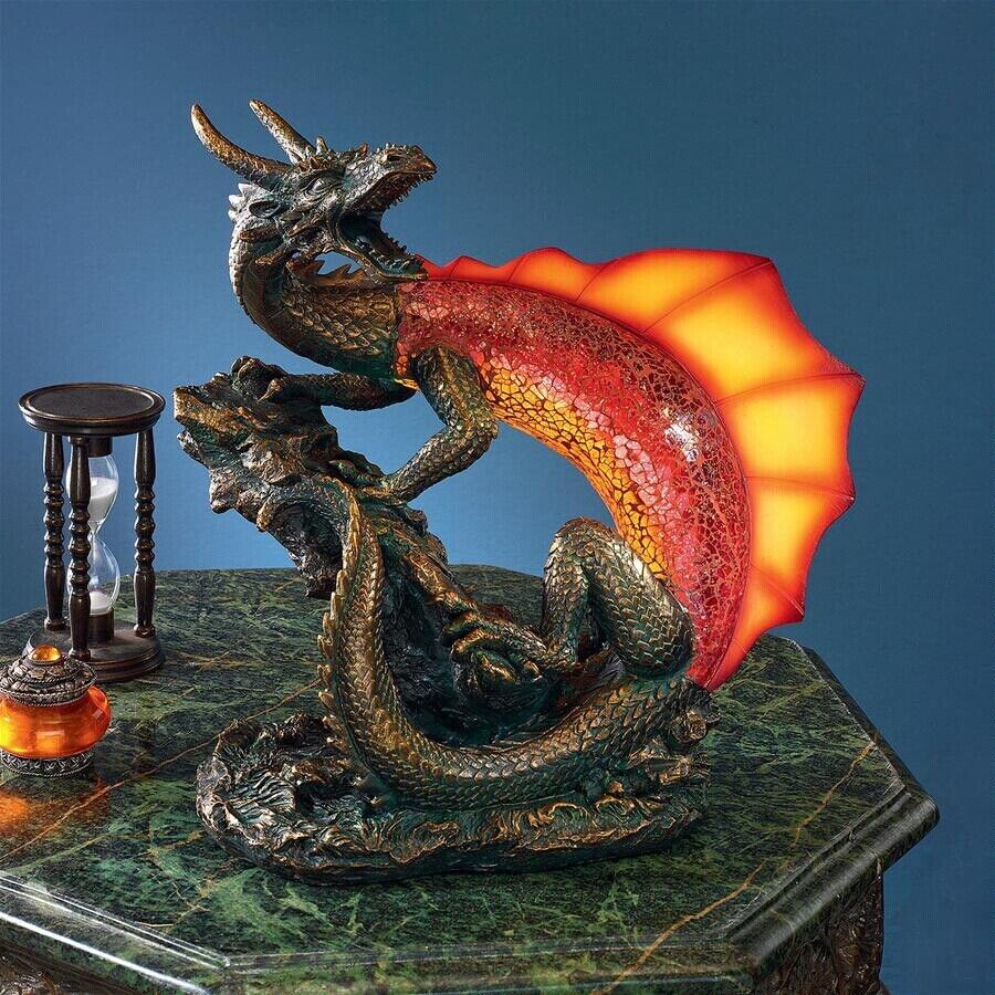 Fire Breathing Mosaic Glass Glowing Medieval Gothic Dragon of Old Desk Lamp