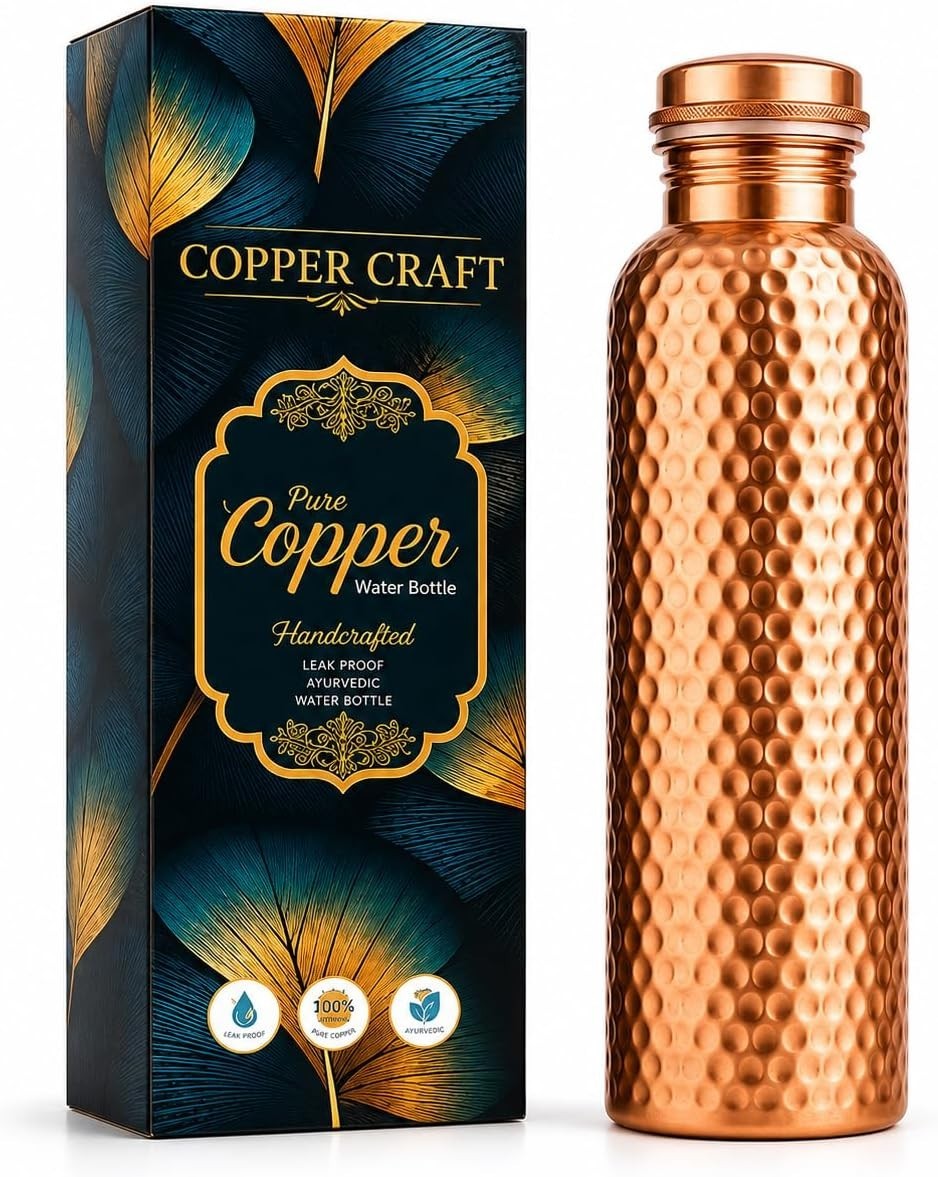 34oz Pure Copper Water Bottle - Handmade Hammered Finish - Ayurvedic Health USA