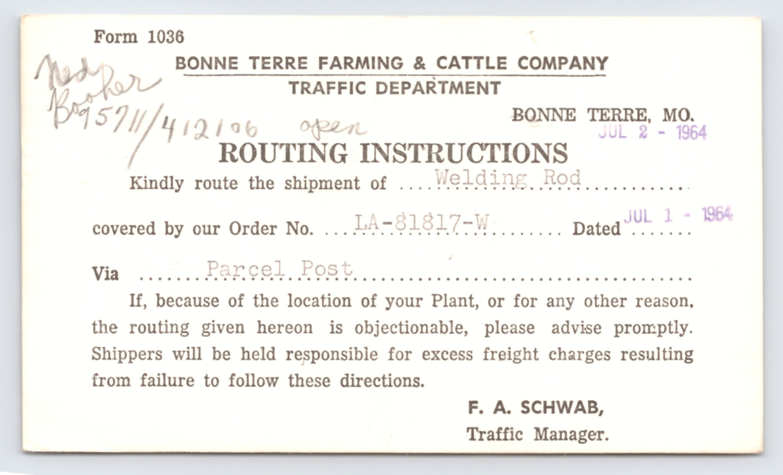 1964 Bonne Terre Farming & Cattle Co Routing Slip Bonne Terre MO Postal Card