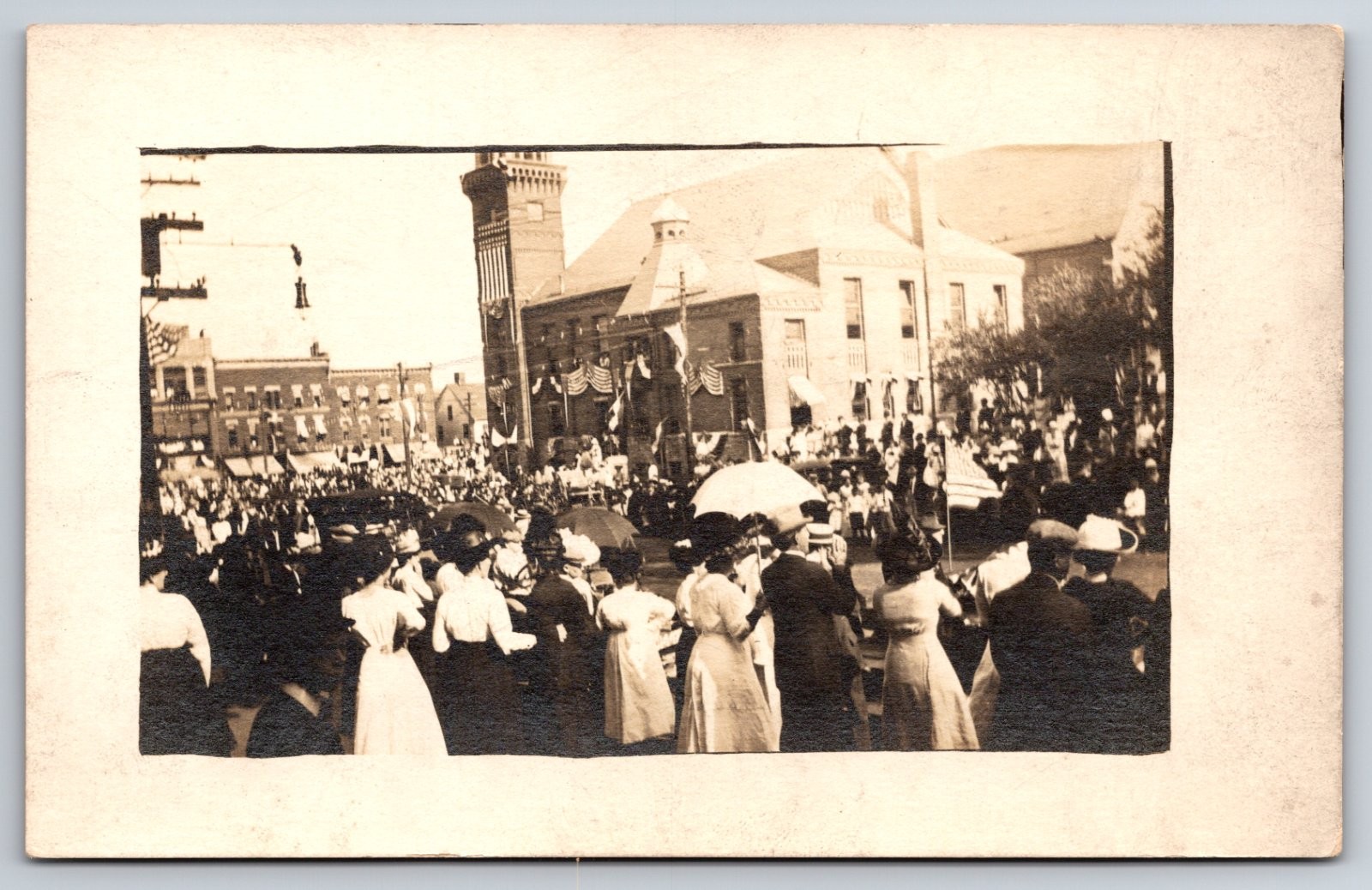 Busy Street Scene City Hall Parade Patriotic Flags Real Photo RPPC
