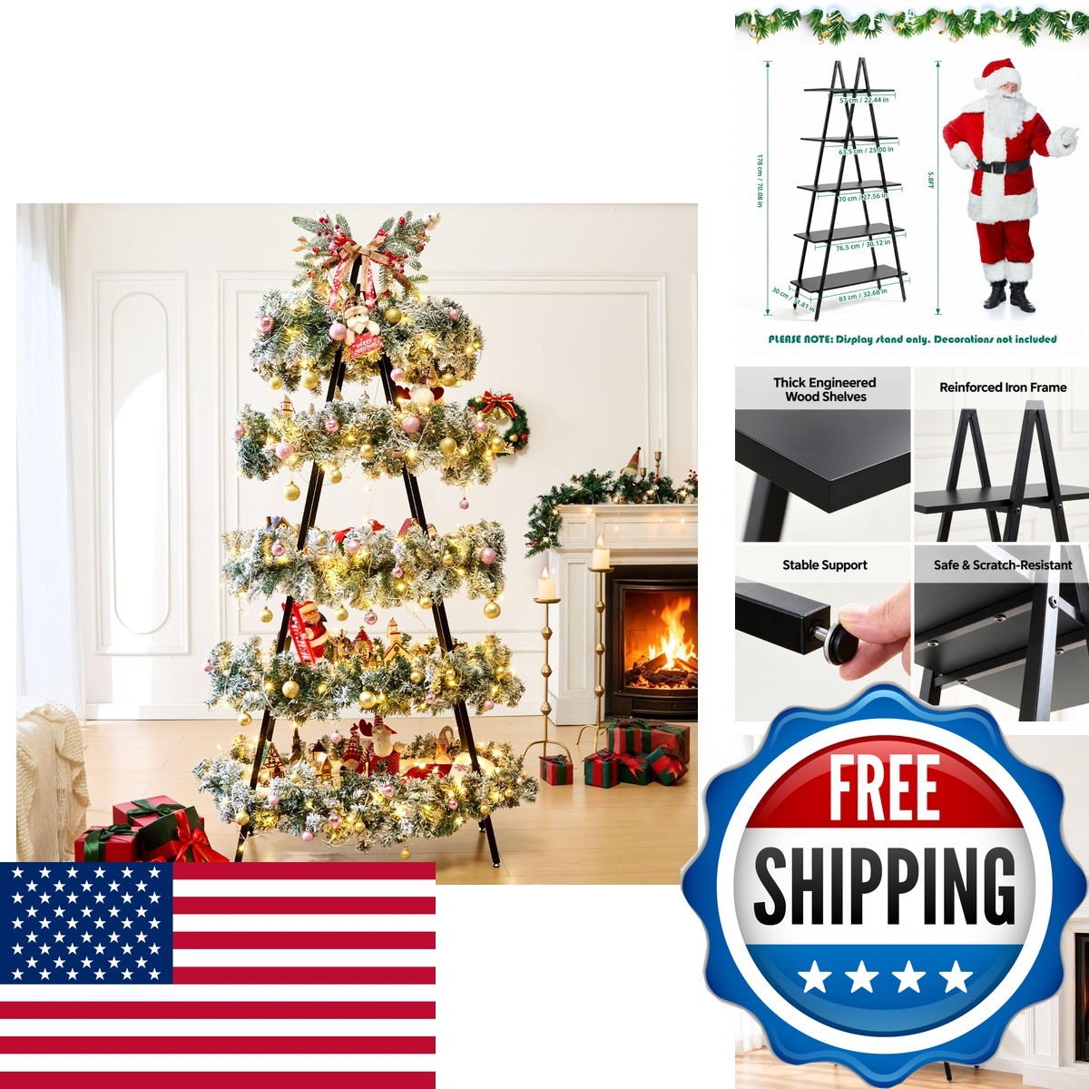 Sicrifety 5.8FT Christmas Village Display Stand, 5 Tier Xmas Tree Shelves