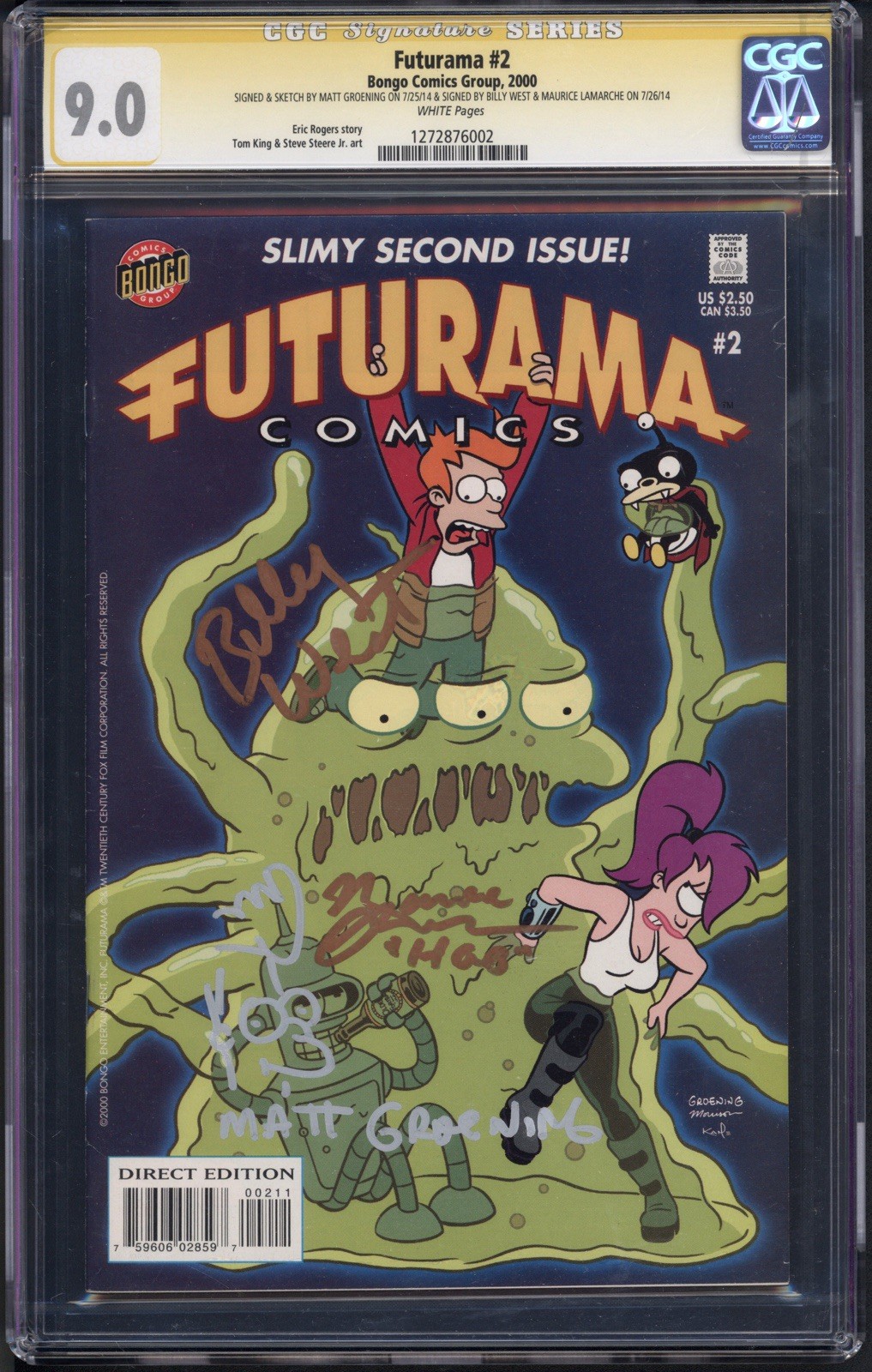 Futurama Comics #2 CGC SS 9.0 Matt Groening Signed Sketch Billy West Lamarche