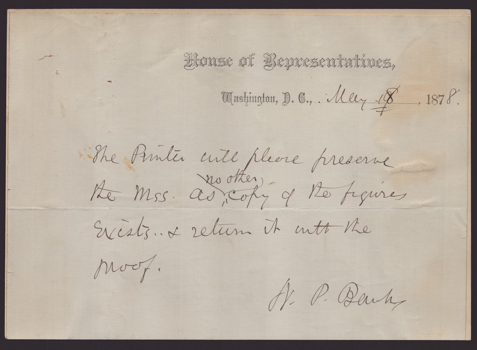 NATHANIEL P. BANKS - AUTOGRAPH NOTE SIGNED 05/08/1878