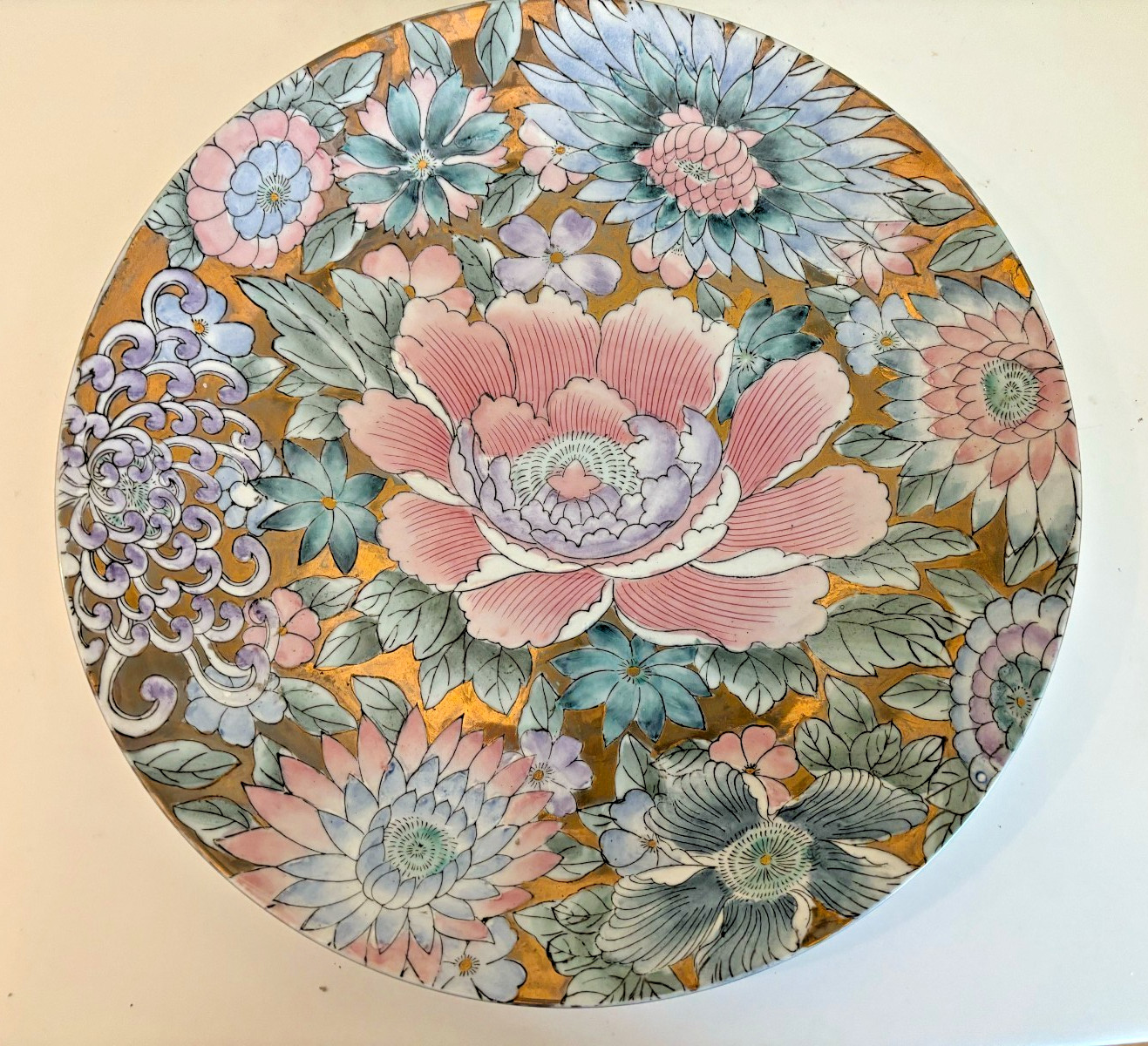 VINTAGE TOYO MACAU PLATE PINK & GOLD PEONY PORCELAIN PLATE FLORAL 10 3/8” CHINA
