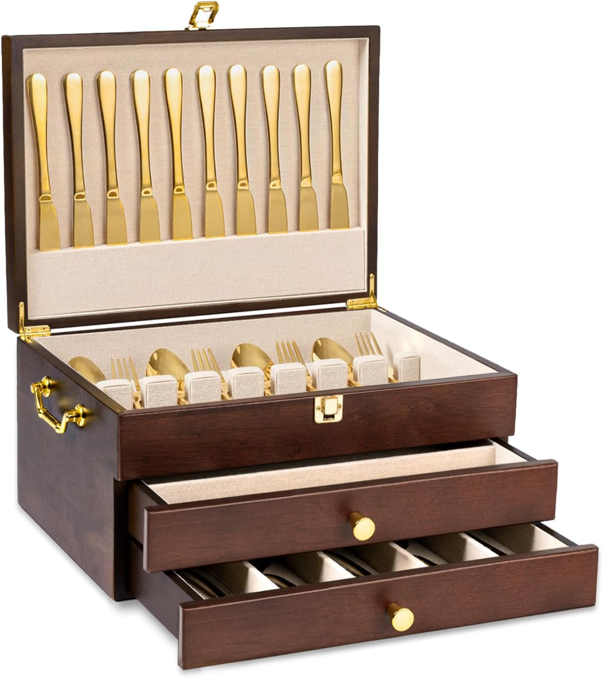 Silverware Storage Box, 3-Layer Flatware Storage Case with Drawer, Wooden Silver