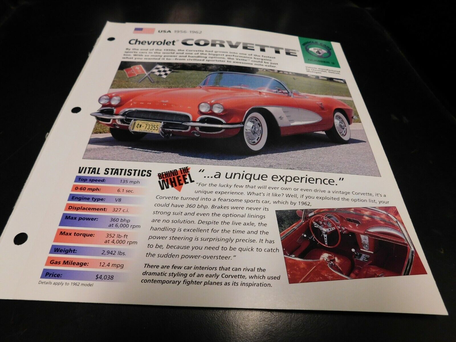 1956-1962 Chevrolet Corvette Spec Sheet Brochure Photo Poster 57 58 59 60 61